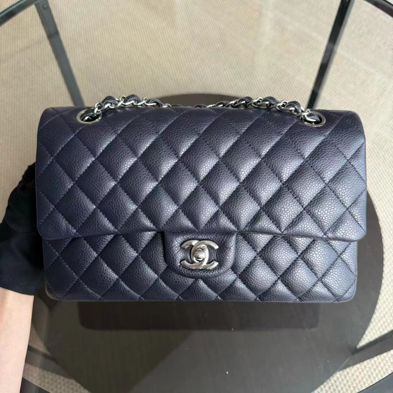 Caviar Medium Classic Flap Quilted Dark Blue Silver Hardware Series 18