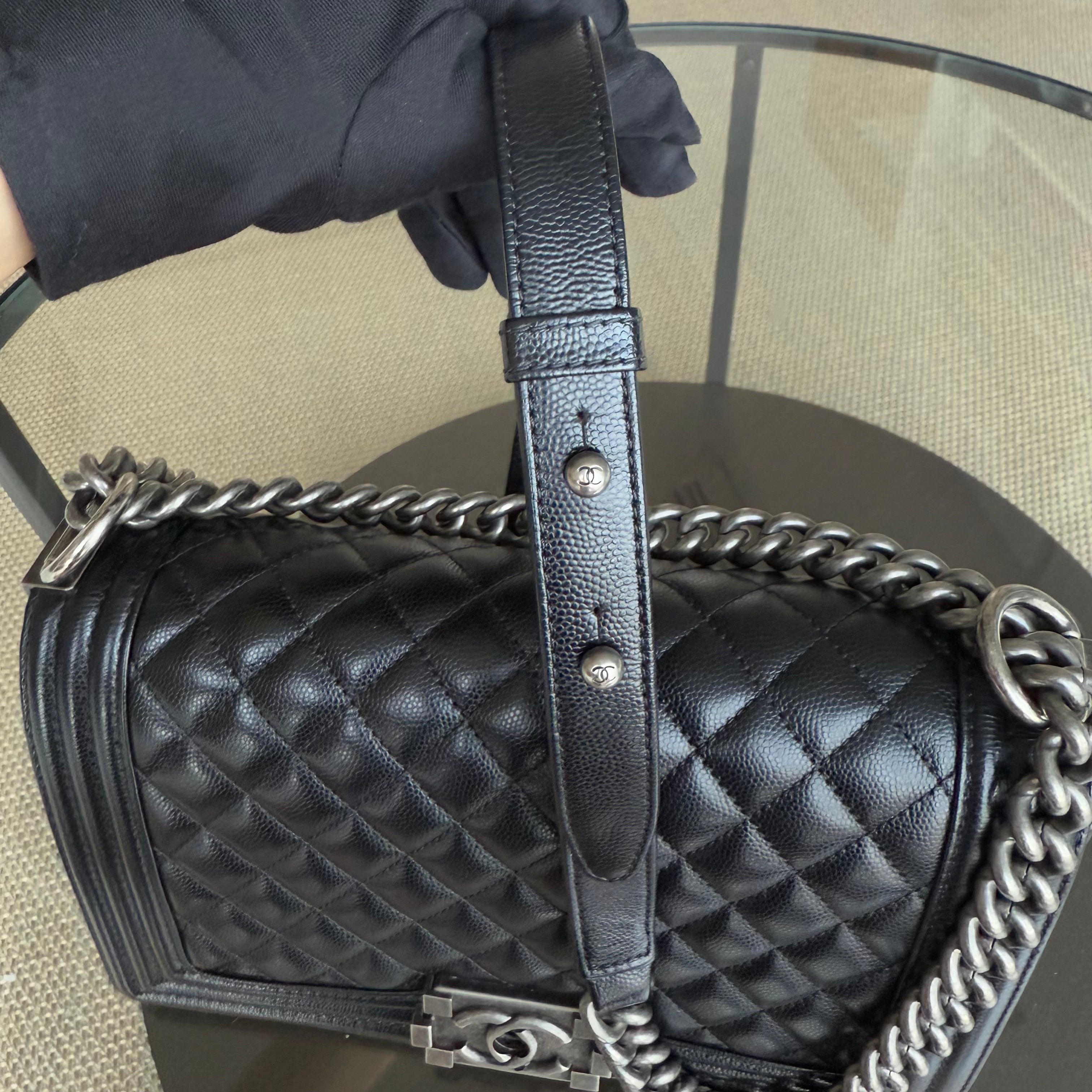 Chanel Boy Medium - Caivar 25CM Quilted Black Ruthenium Silver Hardware