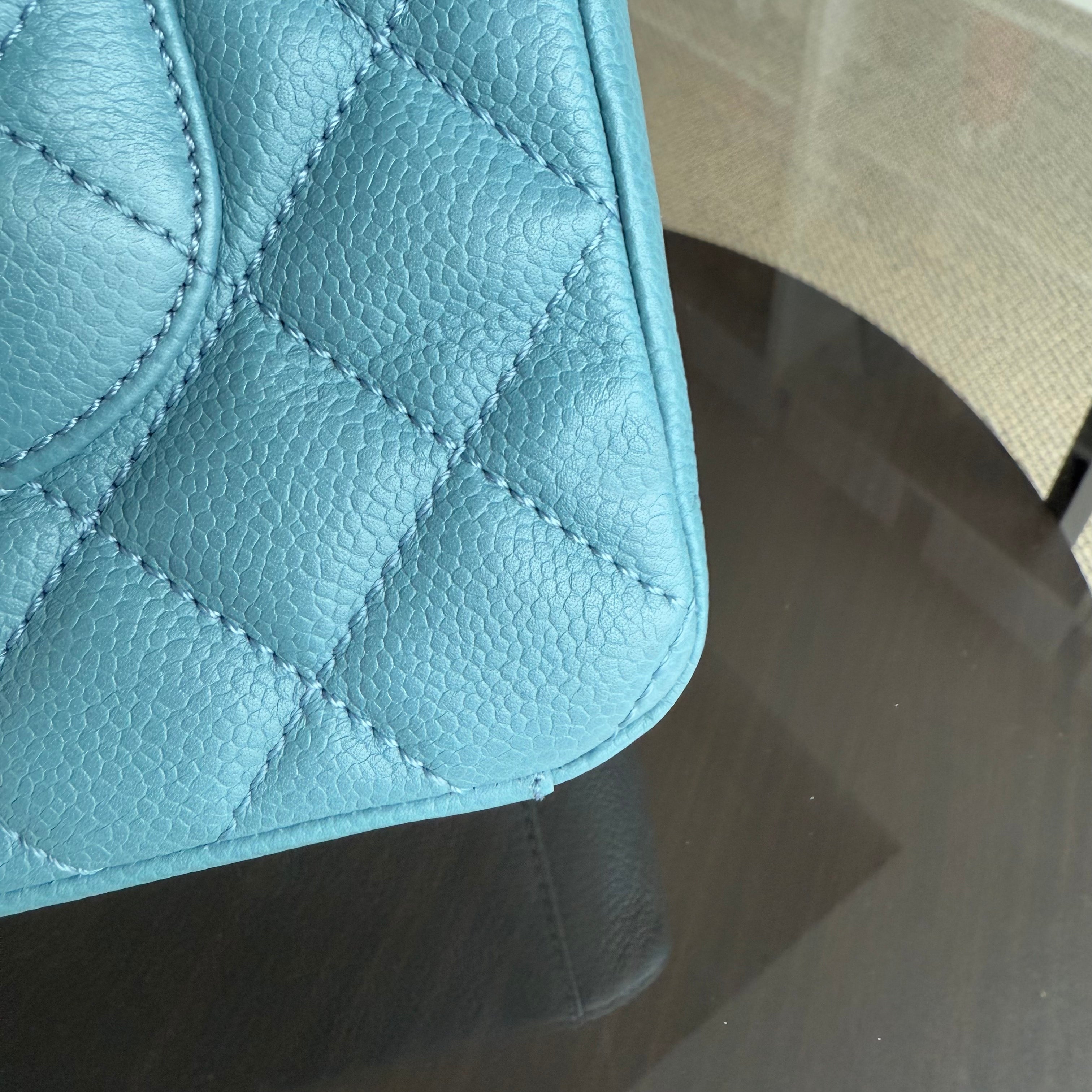 Chanel PST Petite Shopping Tote - Quilted Caviar Light Blue Silver Hardware Series 14