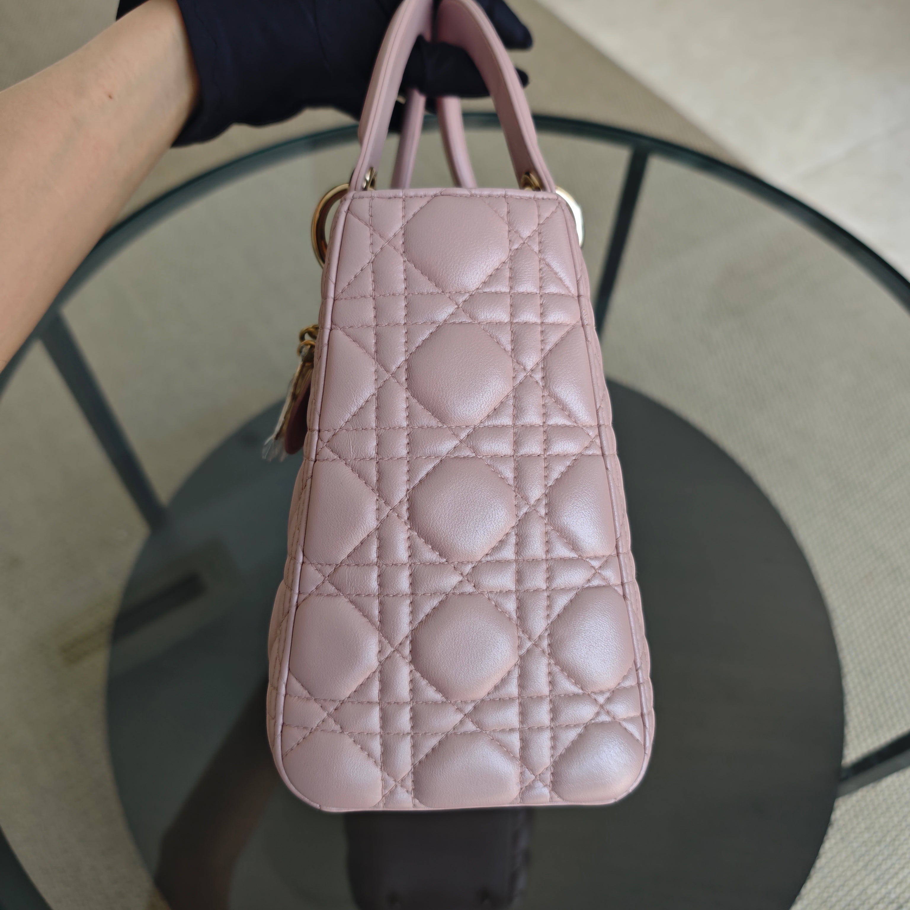 Dior Lady Medium - Cannage Lambskin Light Pink Gold Hardware Adjustable Strap
