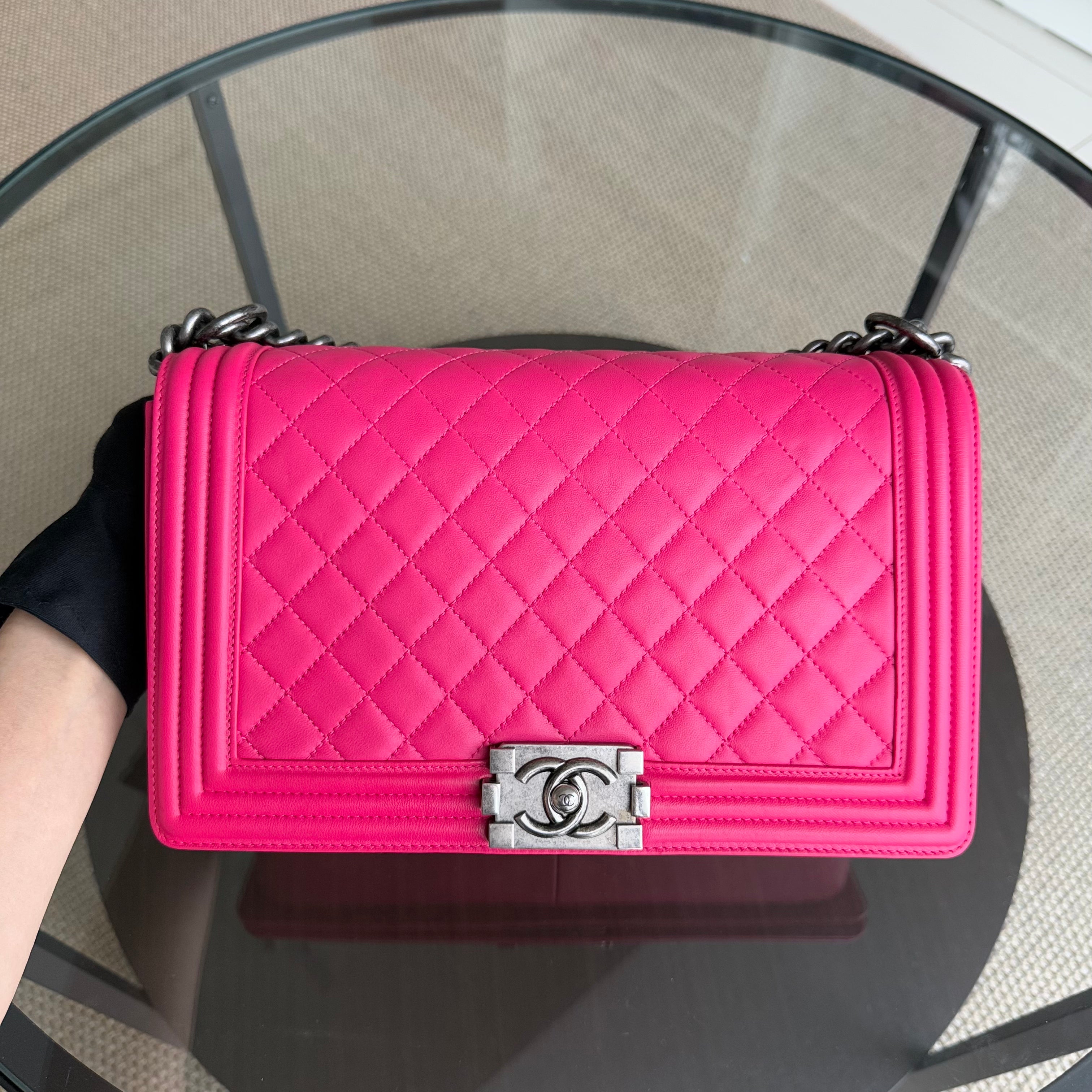 Chanel Boy Medium - 28CM Quilted Lambskin Hot Pink Ruthenium Silver Hardware Series 19