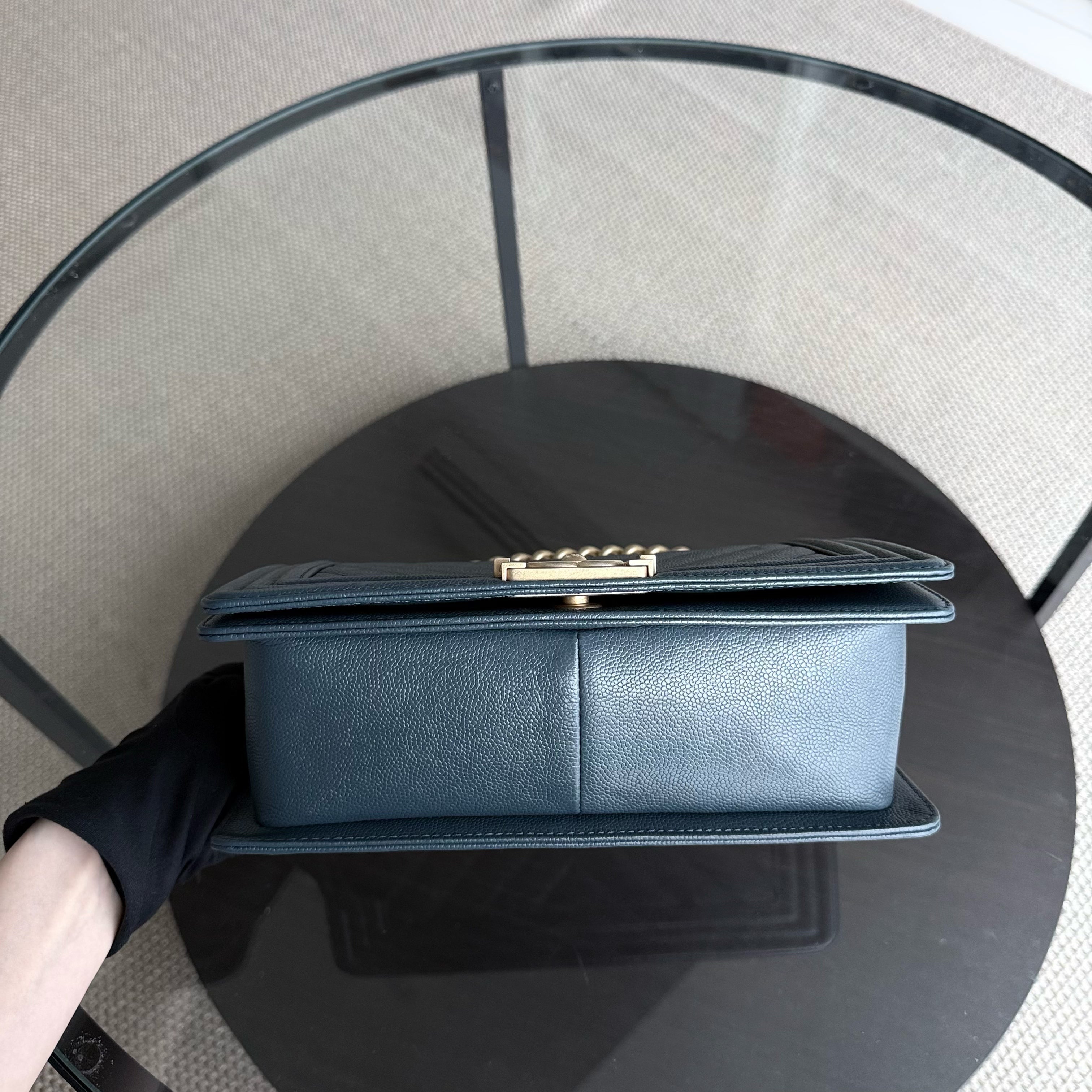 Chanel Boy Medium - Caviar 25CM Chevron Grained Calfskin Blue Gold Hardware Series 25
