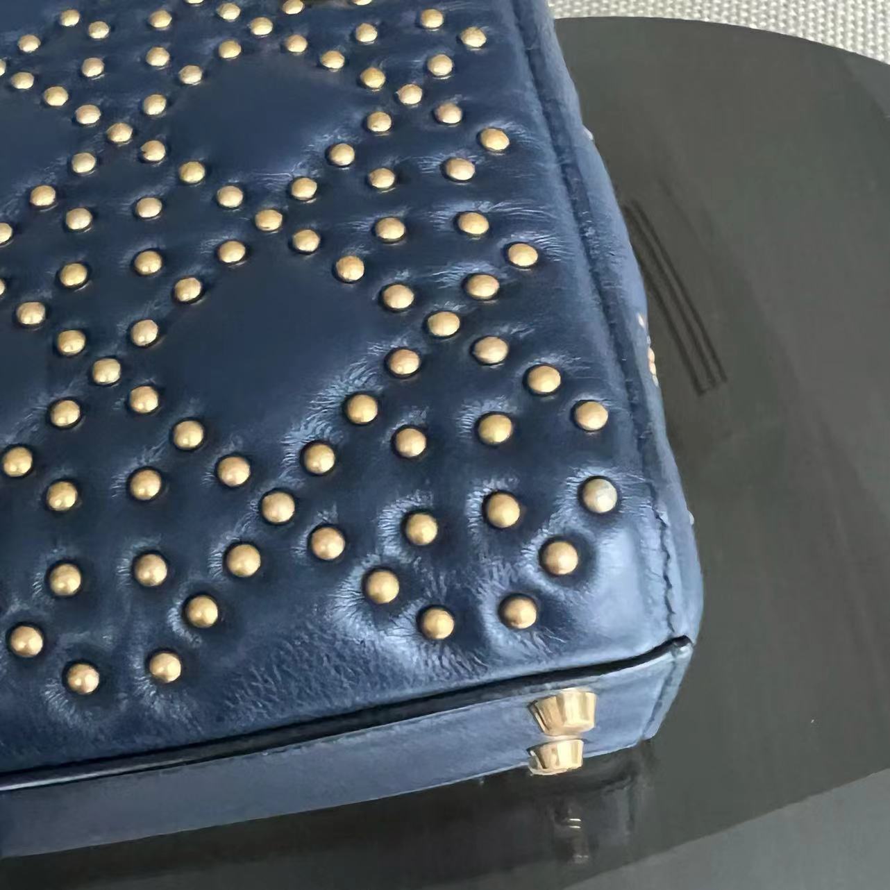 Dior Lady Mini - Studded Calfskin Dark Blue Golden Hardware