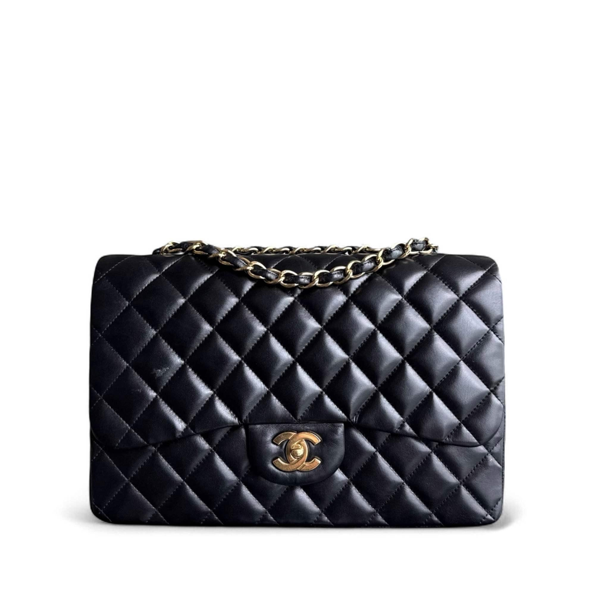 Chanel Classic Flap Jumbo - 30CM Single Flap Quilted Lambskin Black Gold Hardware Series 13