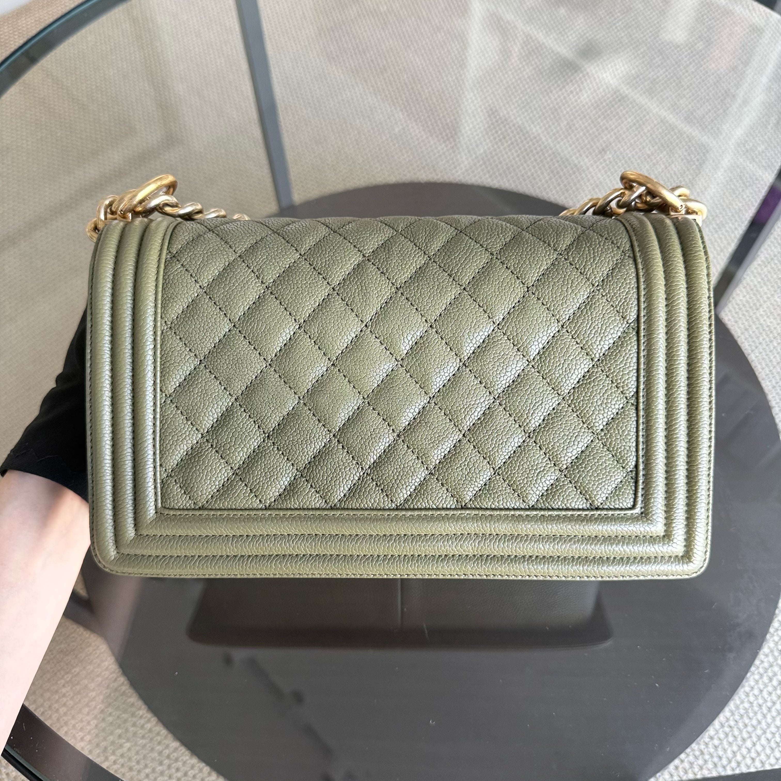 Chanel Boy Medium - Caviar 25CM Quilted Green Gold Hardware Series 23