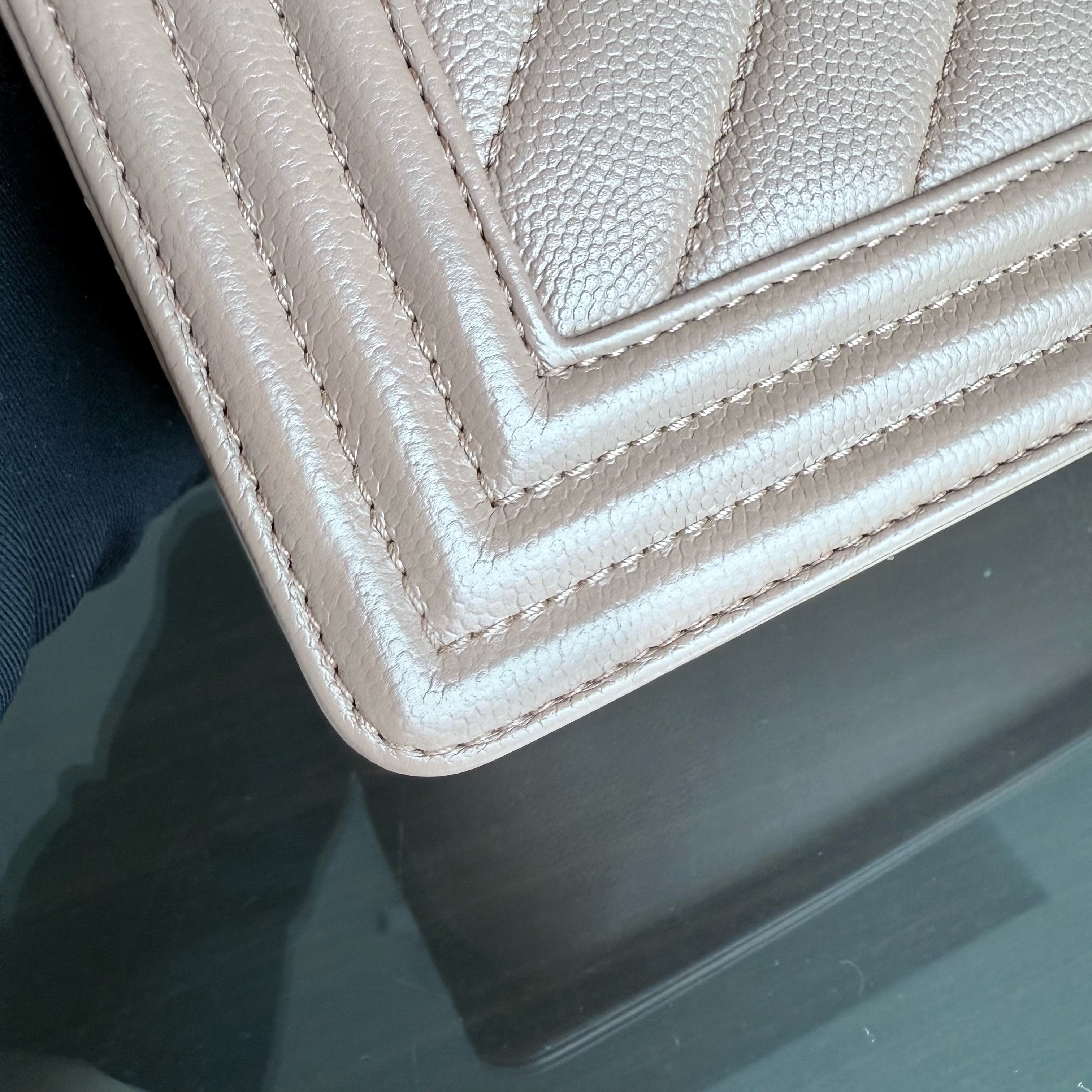 Chanel Boy Small - Caviar Chevron 23CM Dark Beige Blush Ruthenium Silver Hardware Series 24