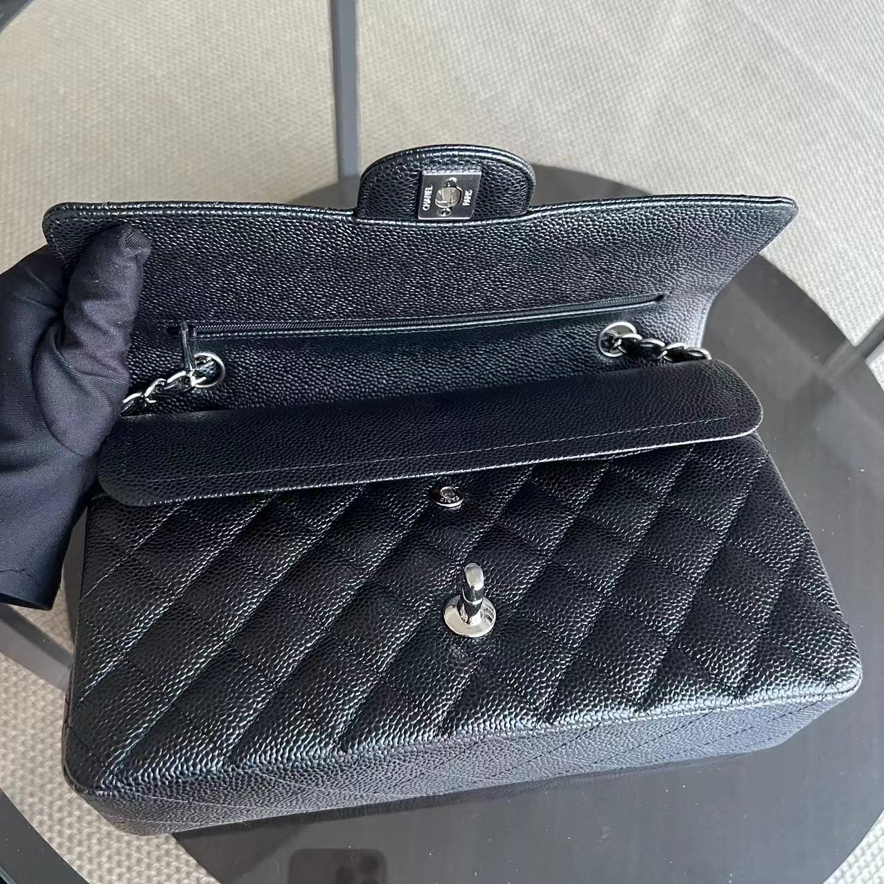 *Unused* Medium Double Flap 25CM Quilted Grained Calfskin Black Silver Hardware Series 23