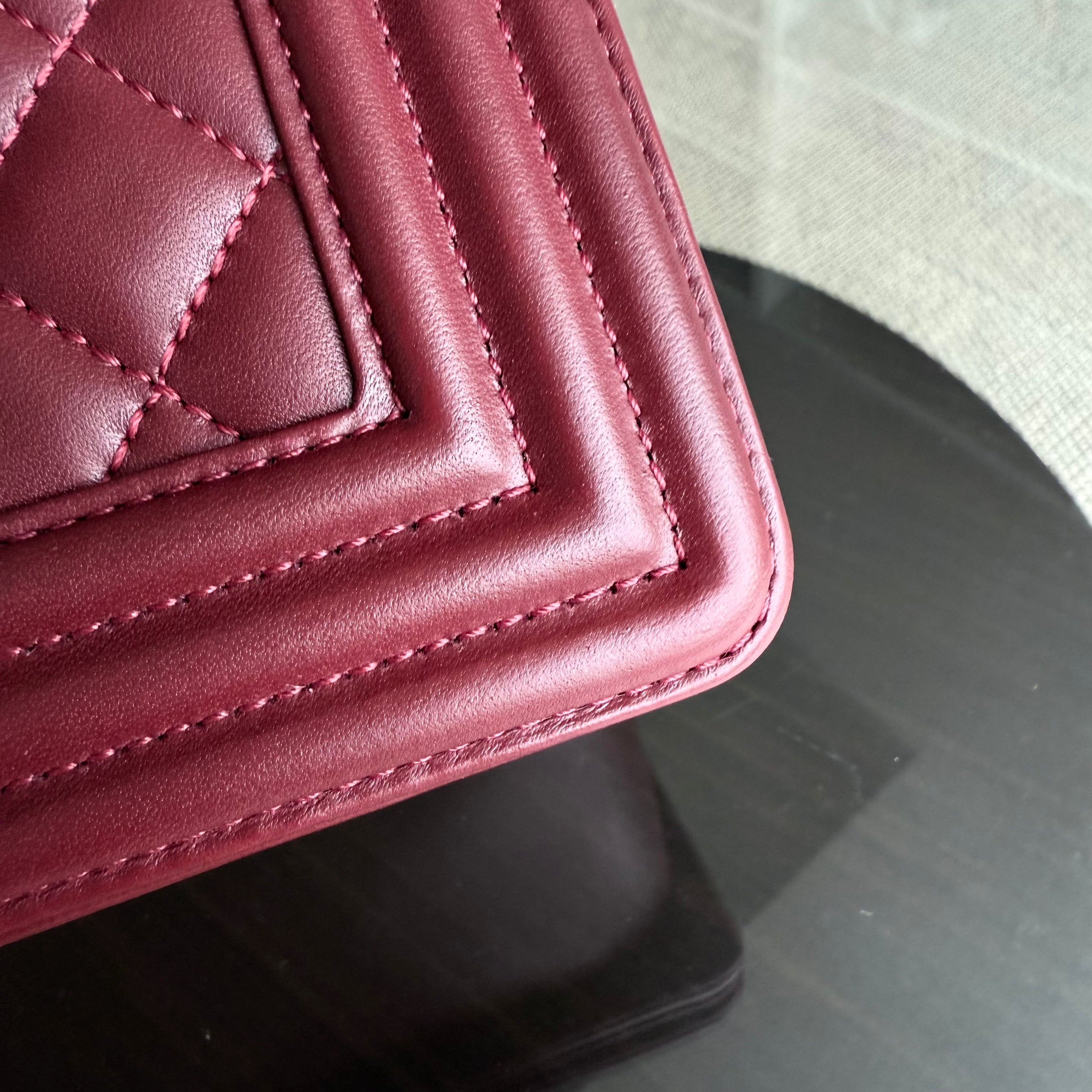Chanel Boy Medium - 25CM Quilted Lambskin Burgundy Red Gold Hardware Series 22