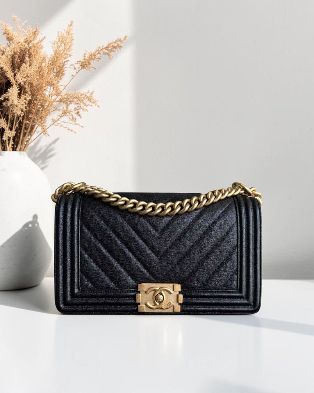 Chanel Boy Medium - Caviar 25CM Chevron Black Gold Hardware
