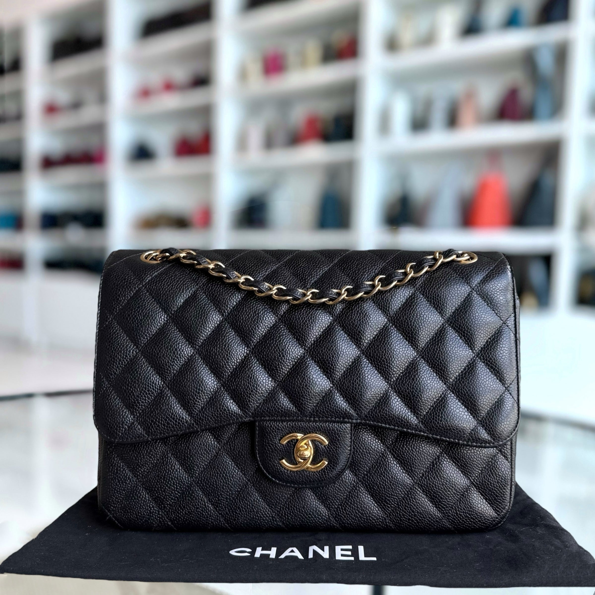 Chanel Classic Flap Jumbo - Caviar Double Flap 30CM Quilted Black Gold Hardware Series 14