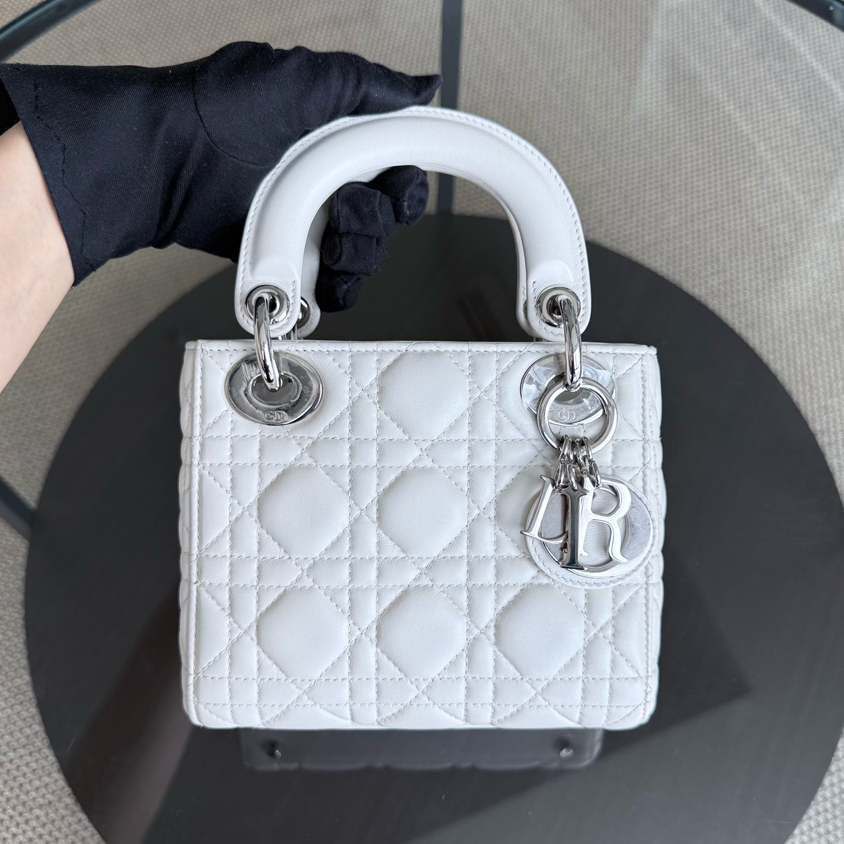 Dior Lady Mini - Cannage Lambskin White Silver Hardware Chain Strap