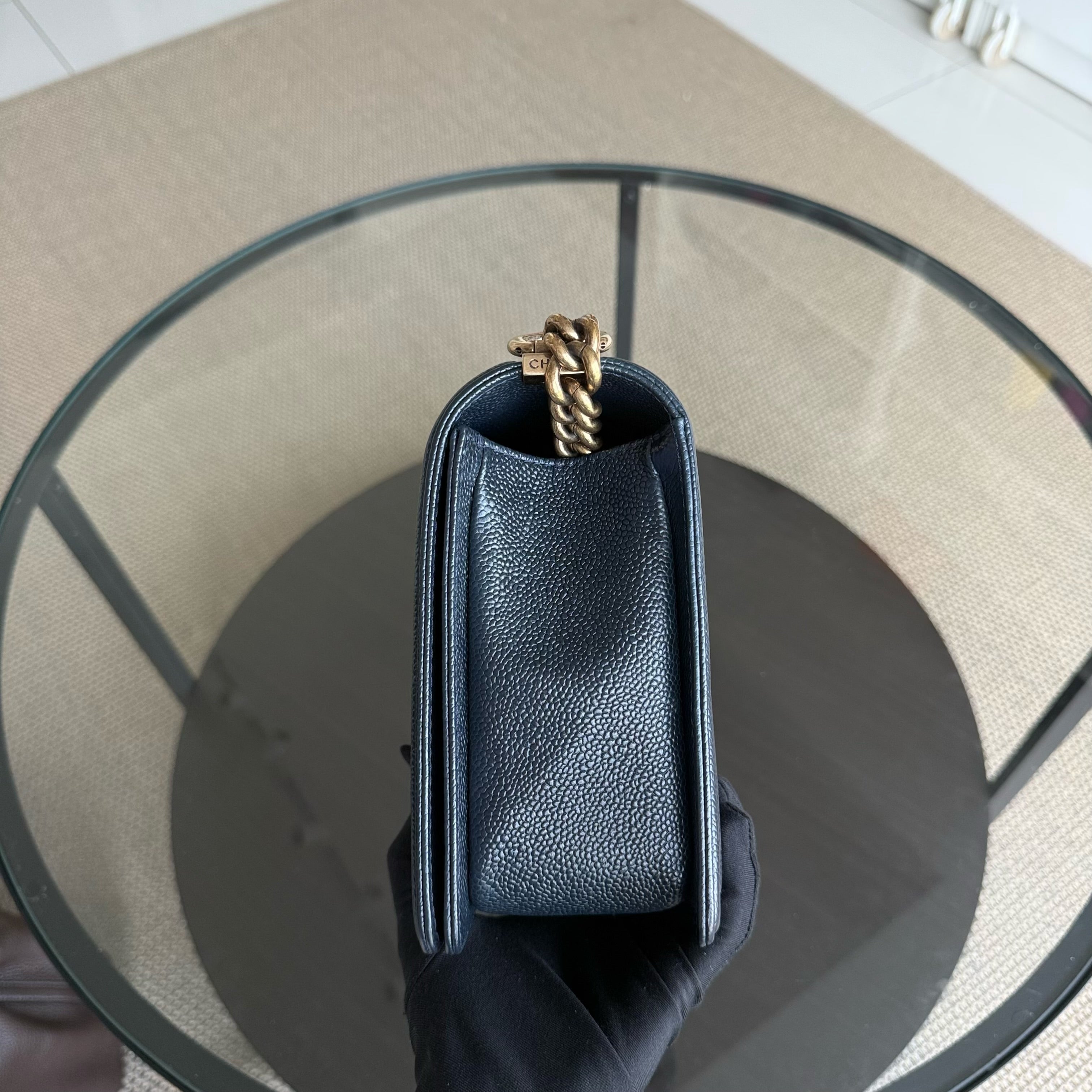 Chanel Boy New Medium - 28CM Caviar Quilted Grained Calfskin Dark Navy Blue Ruthenium Gold Hardware Series 19