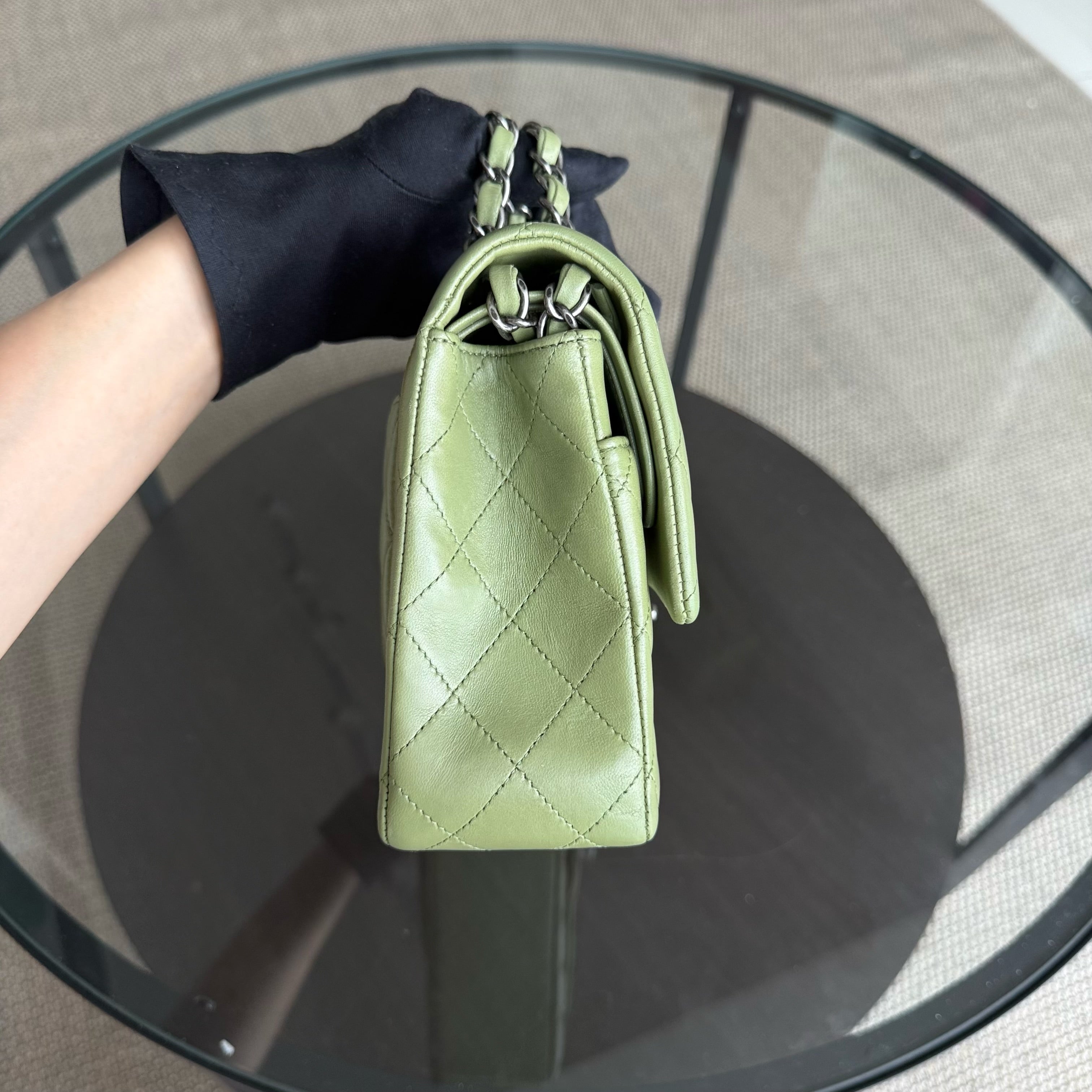 Chanel Classic Flap Medium - 25CM Quilted Lambskin Olive Green Silver Hardware Series 19