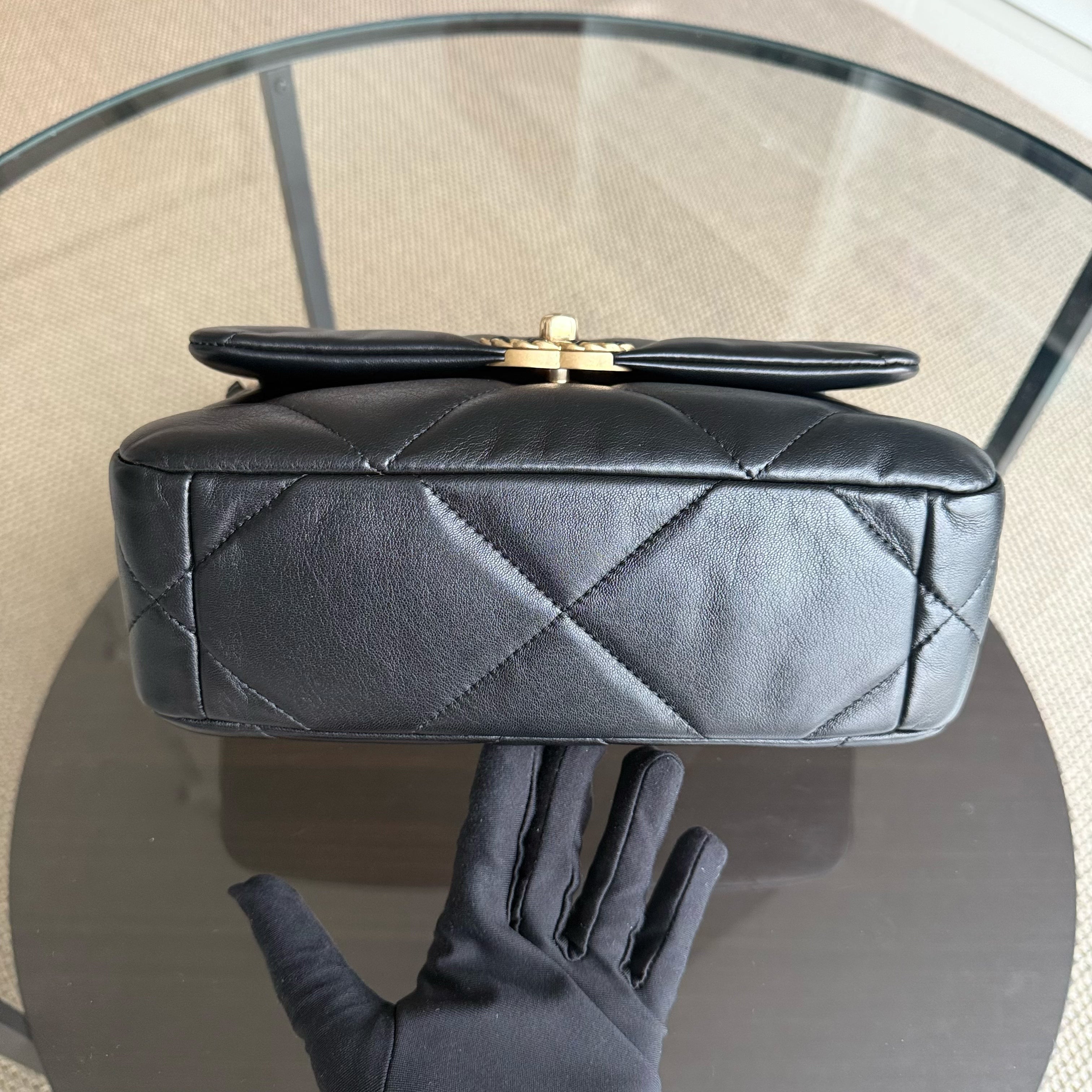 Chanel 19 Bag C19 Small - Quilted Shiny Goatskin Black Two-tone Gold Silver Hardware