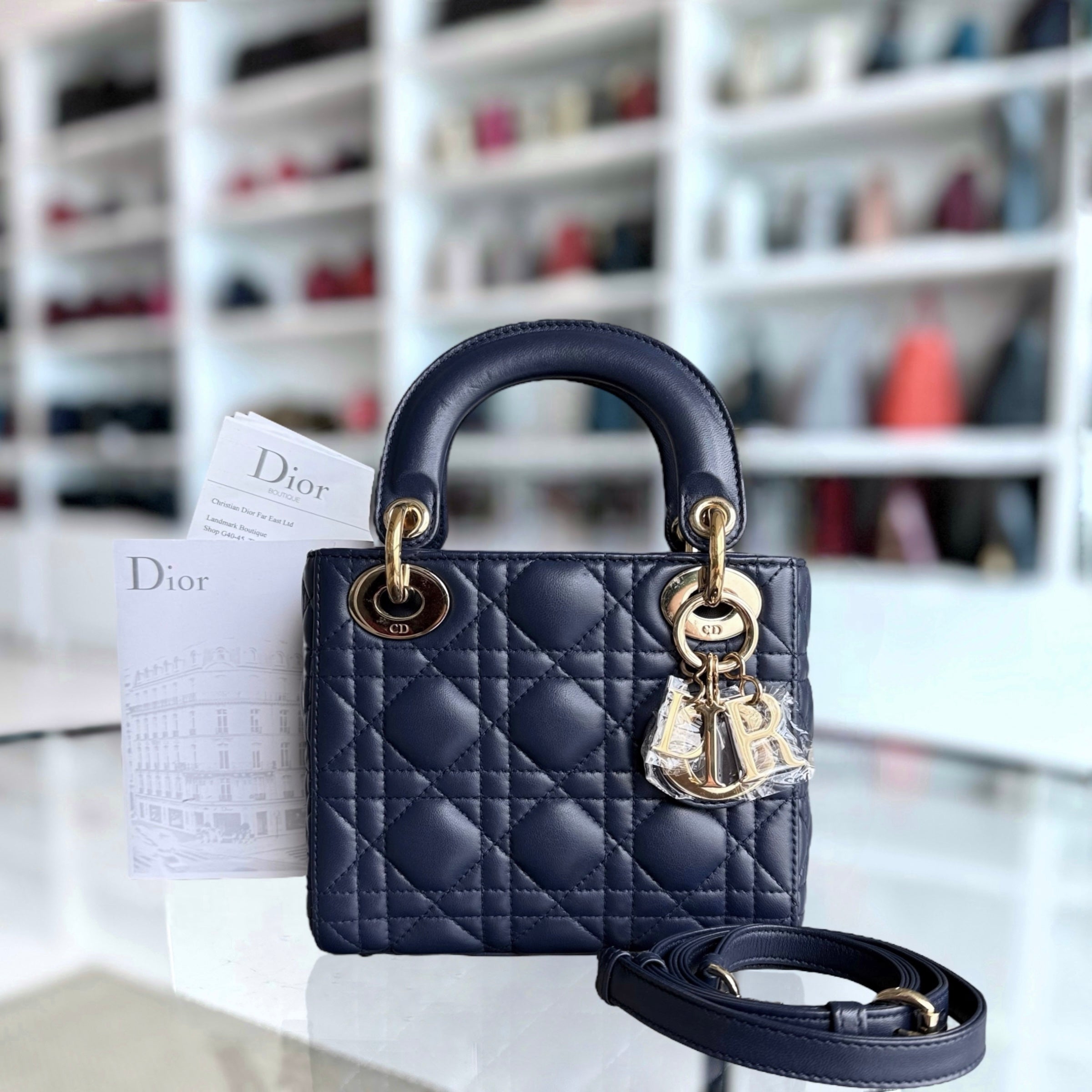 Dior Lady Mini - Cannage Lambskin Dark Blue Gold Hardware Adjustable Strap