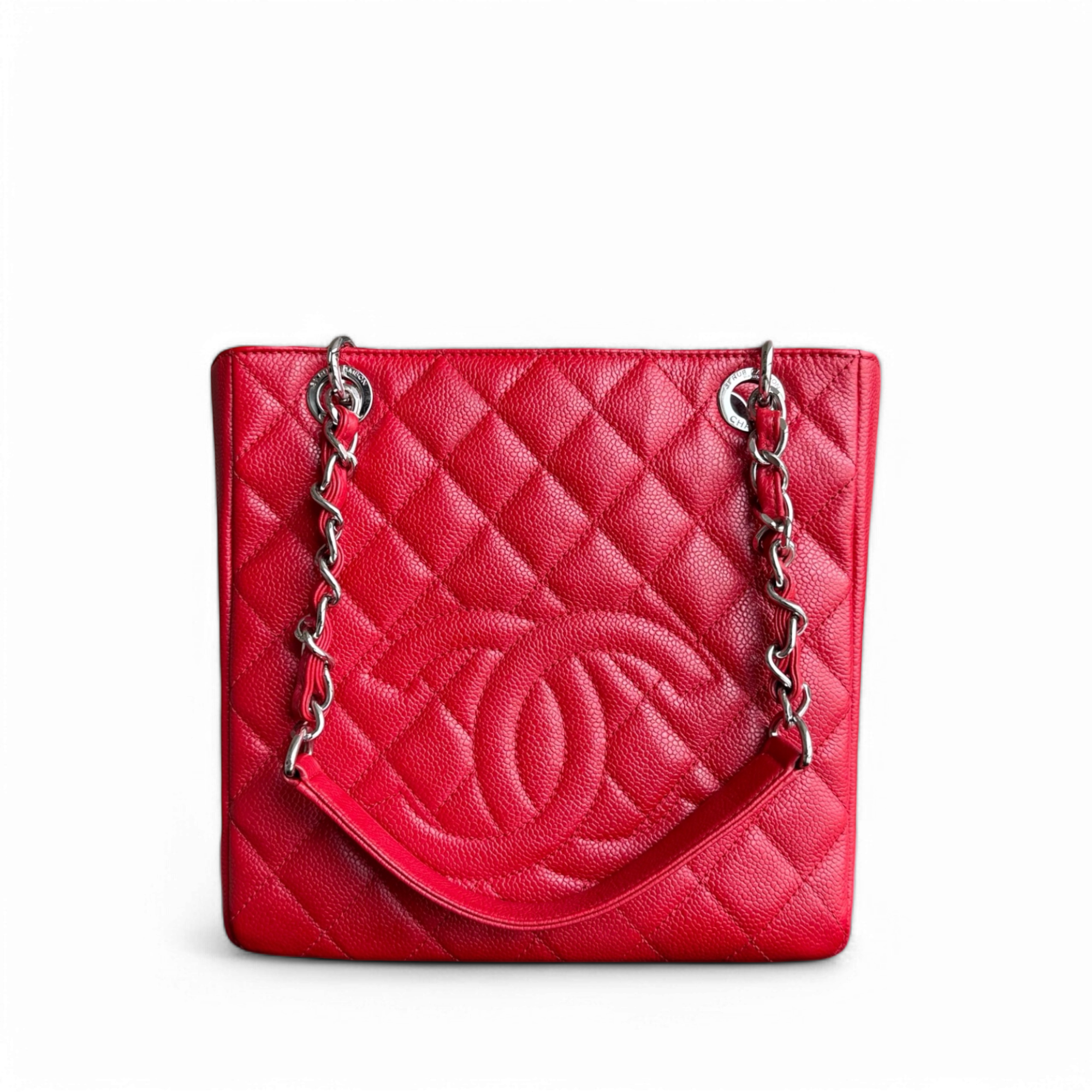 Chanel PST Petite Shopping Tote - Caviar Quilted Red Silver Hardware Series 18