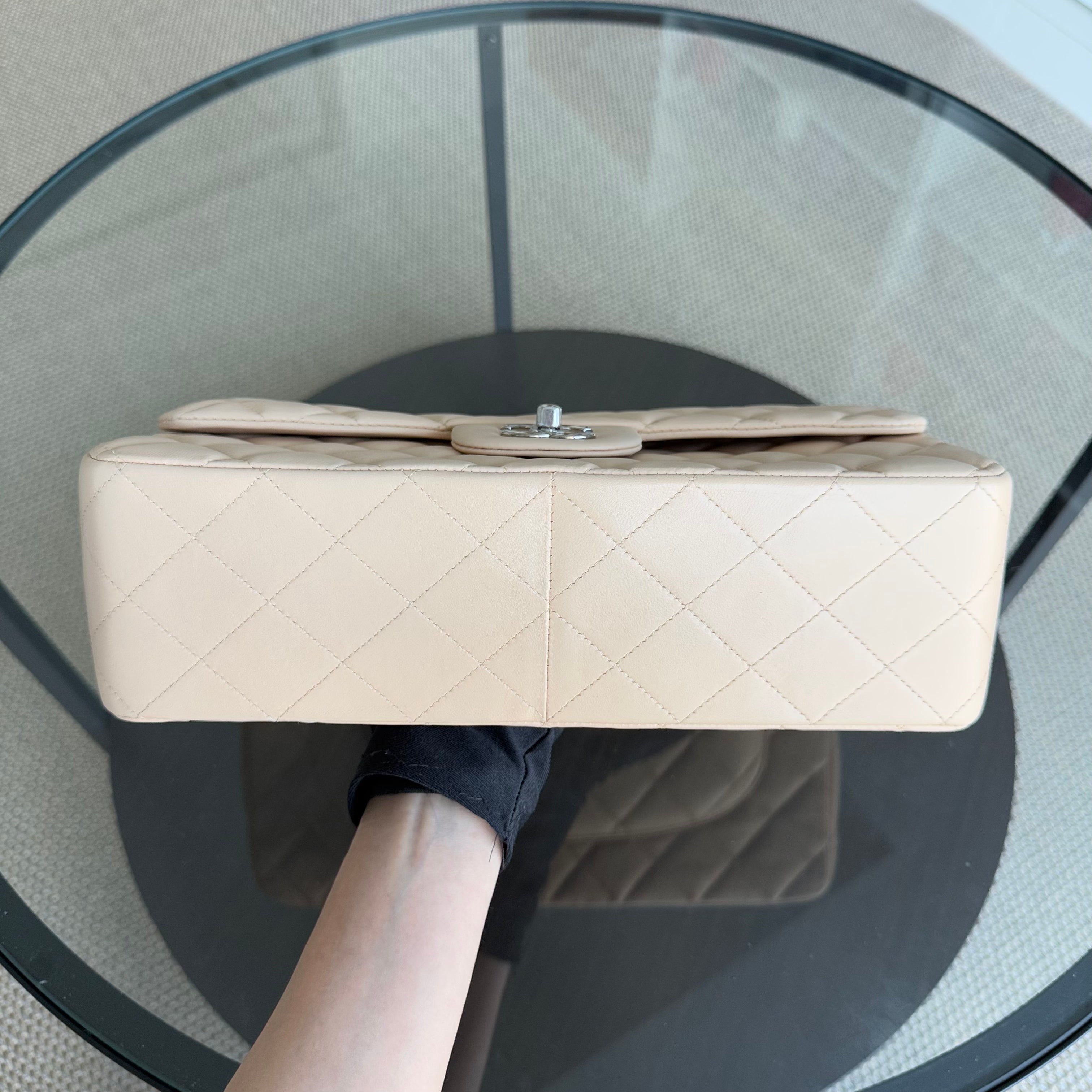 Chanel Classic Flap Jumbo - 30CM Quilted Single Flap Lambskin Beige Silver Hardware Series 13