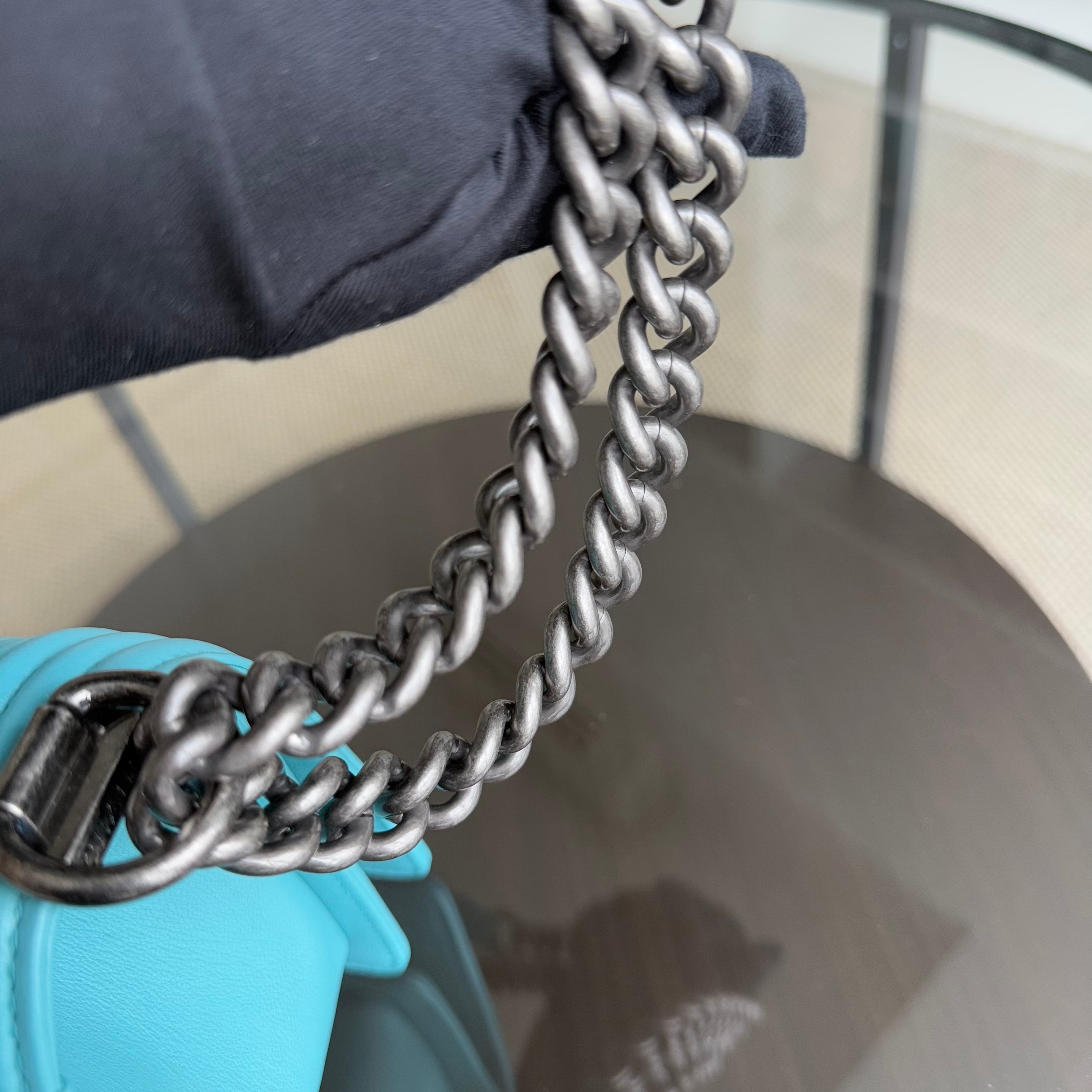 Chanel Boy Medium - 25CM Quilted Lambskin Cyan Blue Ruthenium Silver Hardware Series 19