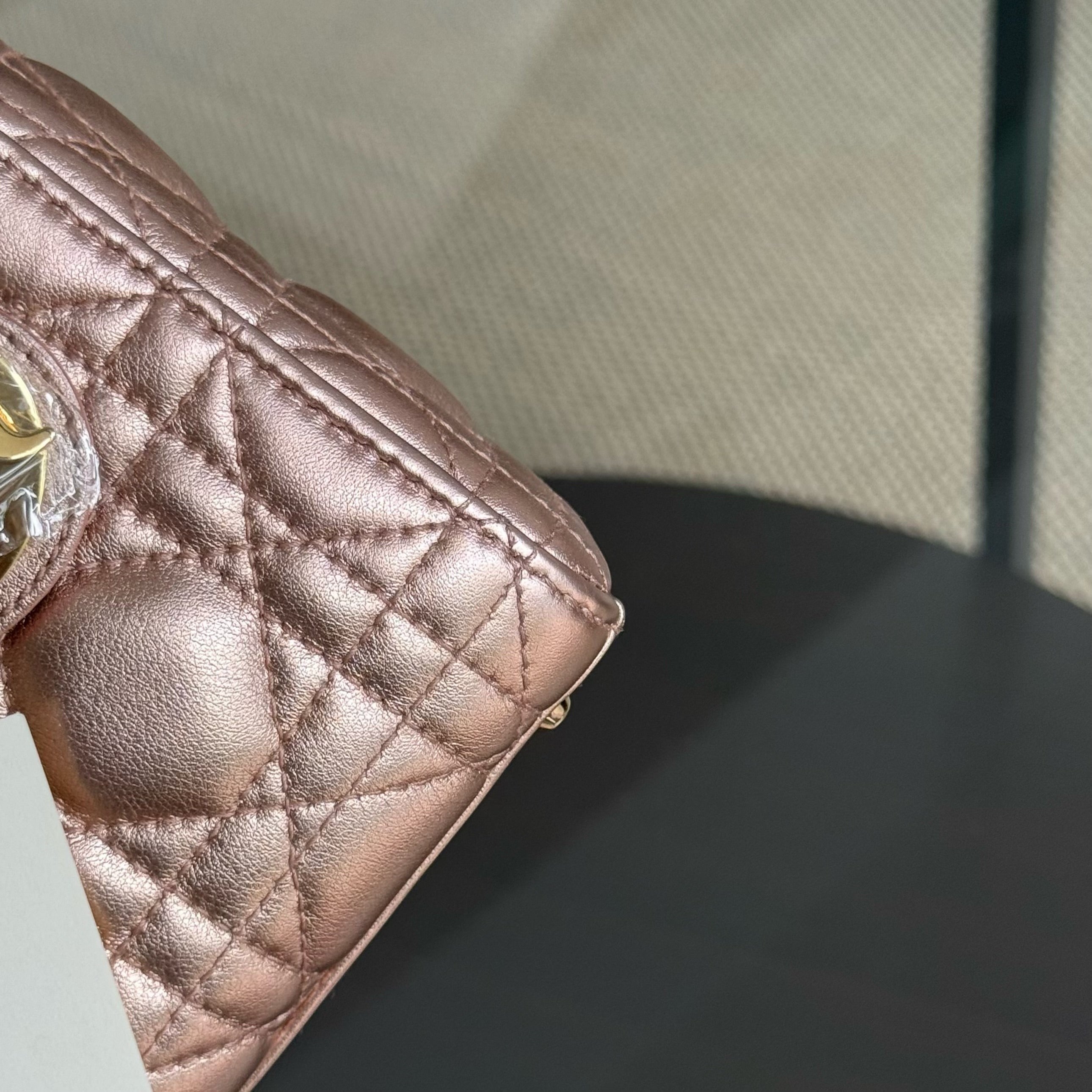 Dior Lady Mini - Cannage Rose Calfskin Gold Hardware Chain Strap