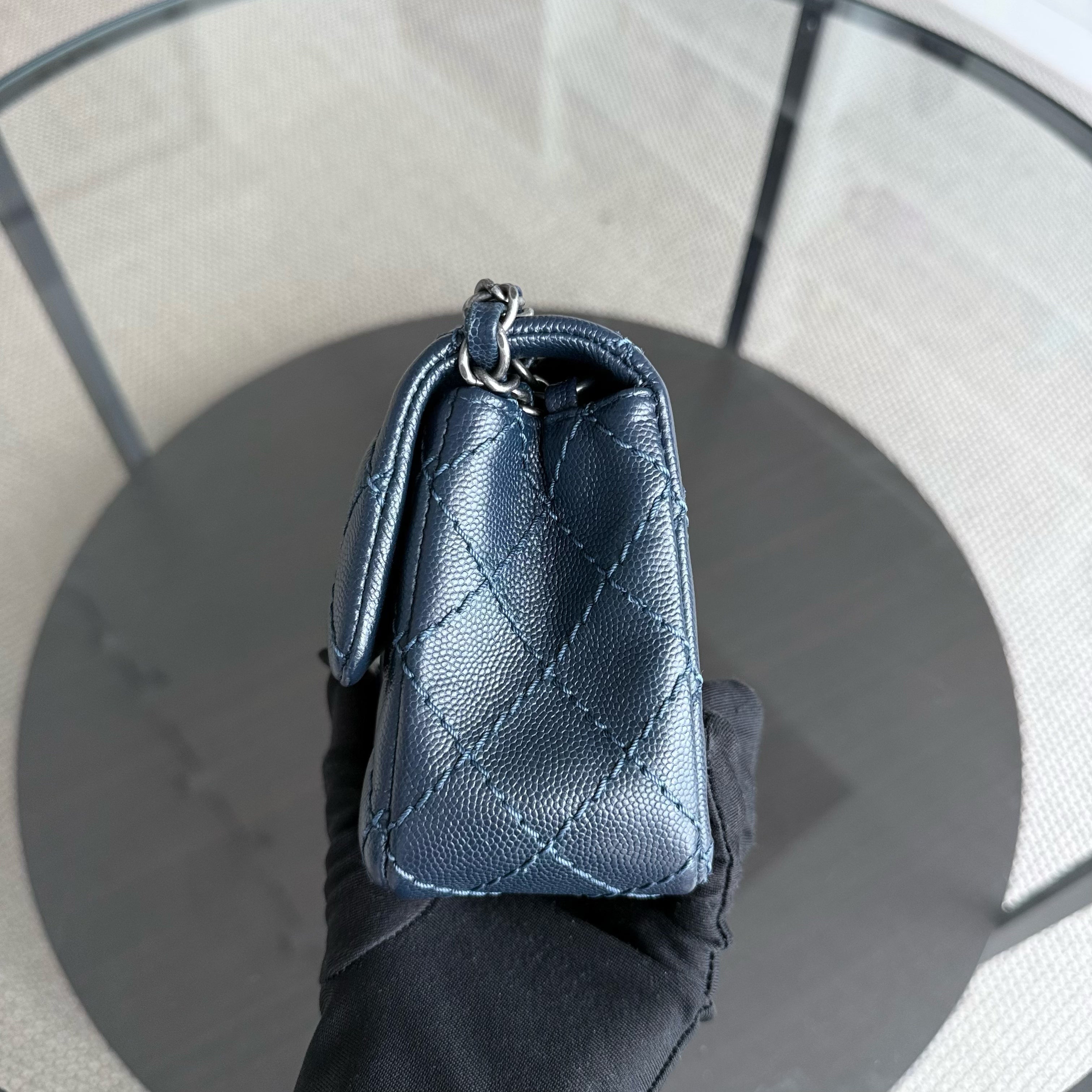 Chanel Classic Flap Mini Rectangle - Caviar 20CM Quilted Dark Blue Ruthenium Silver Hardware Series 23