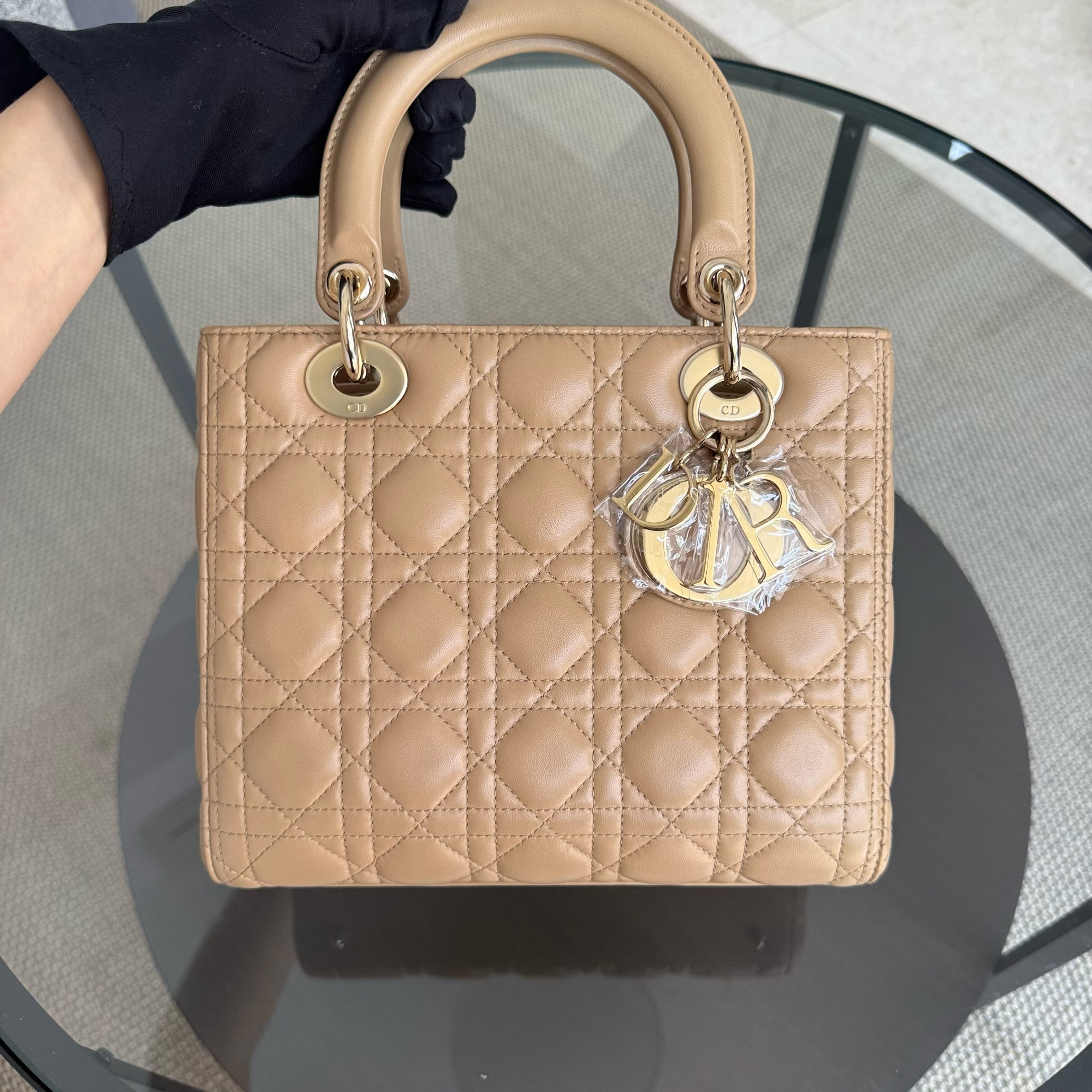 Dior Lady Medium - Cannage Lambskin Beige Brown Gold Hardware Strap