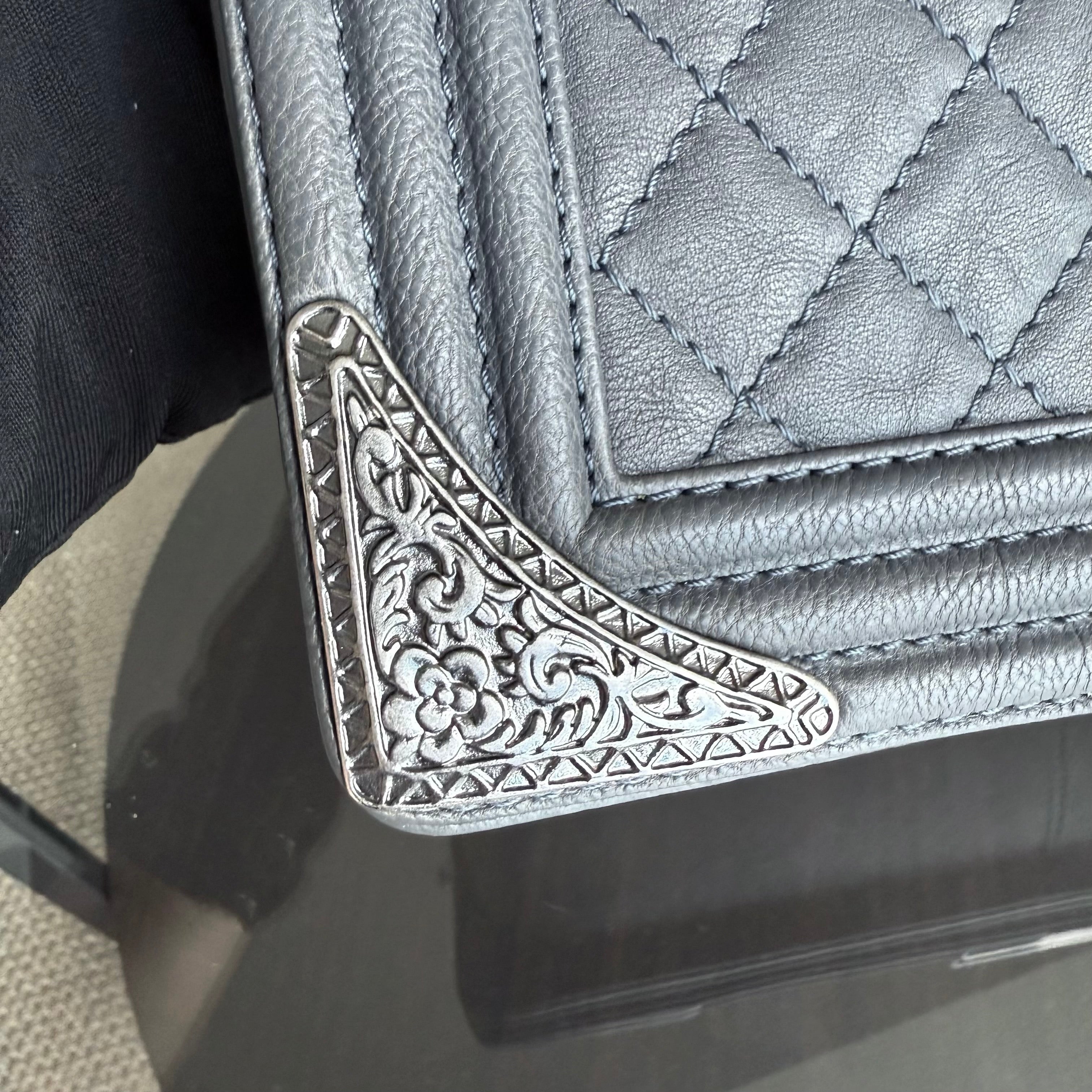 Chanel Boy Medium - 25CM Quilted Limited Edition Paris-Dallas Metal Edge Grained Calfskin Gray Silver Hardware Series 19