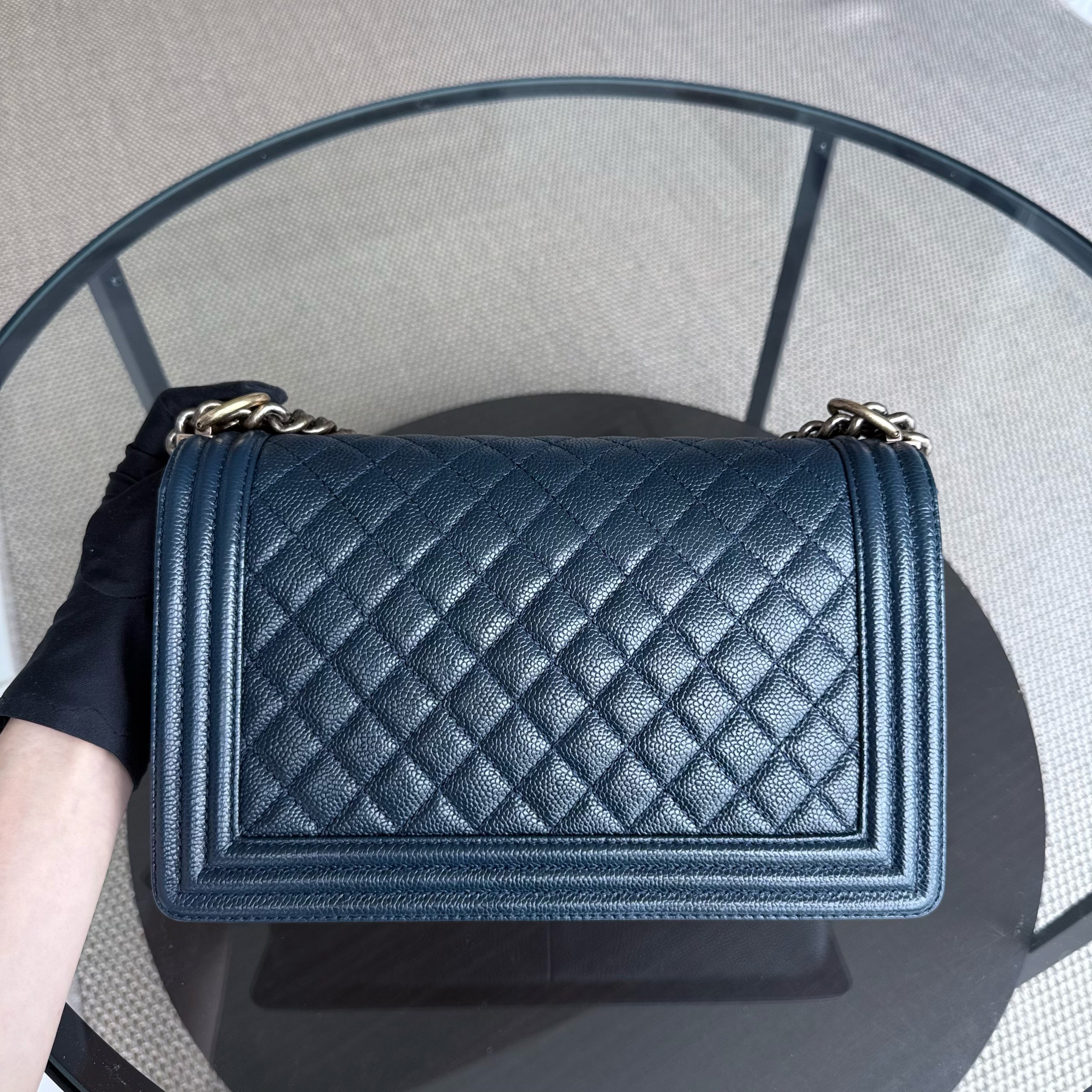 Chanel Boy New Medium - Caviar 28CM Quilted Dark Blue Ruthenium Gold Hardware Series 19