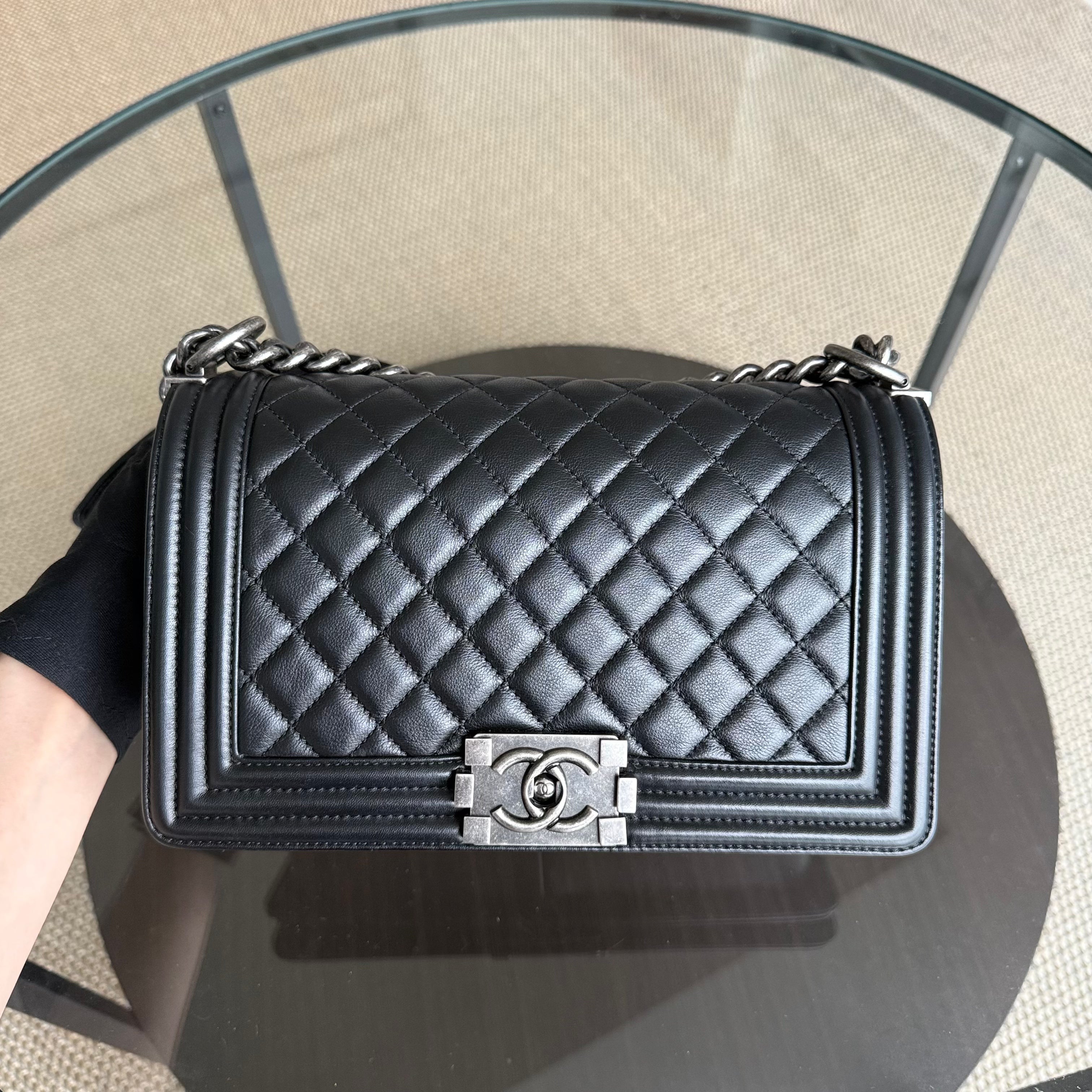 Chanel Boy Medium - Grained Calfskin 25CM Quilted Black Ruthenium Silver Hardware Series 24