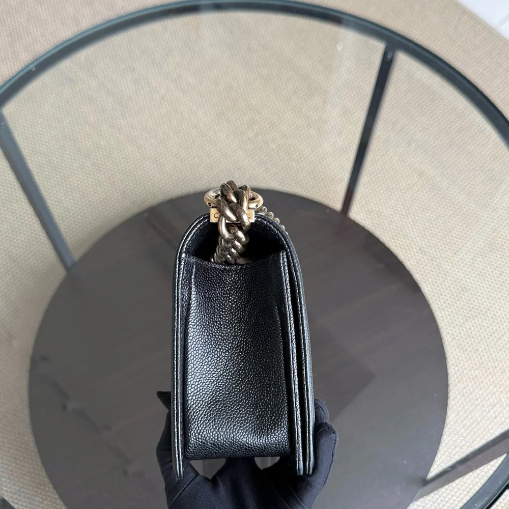 Chanel Boy Medium - Caviar 25CM Quilted Grained Calfskin Black Gold Hardware Series 19