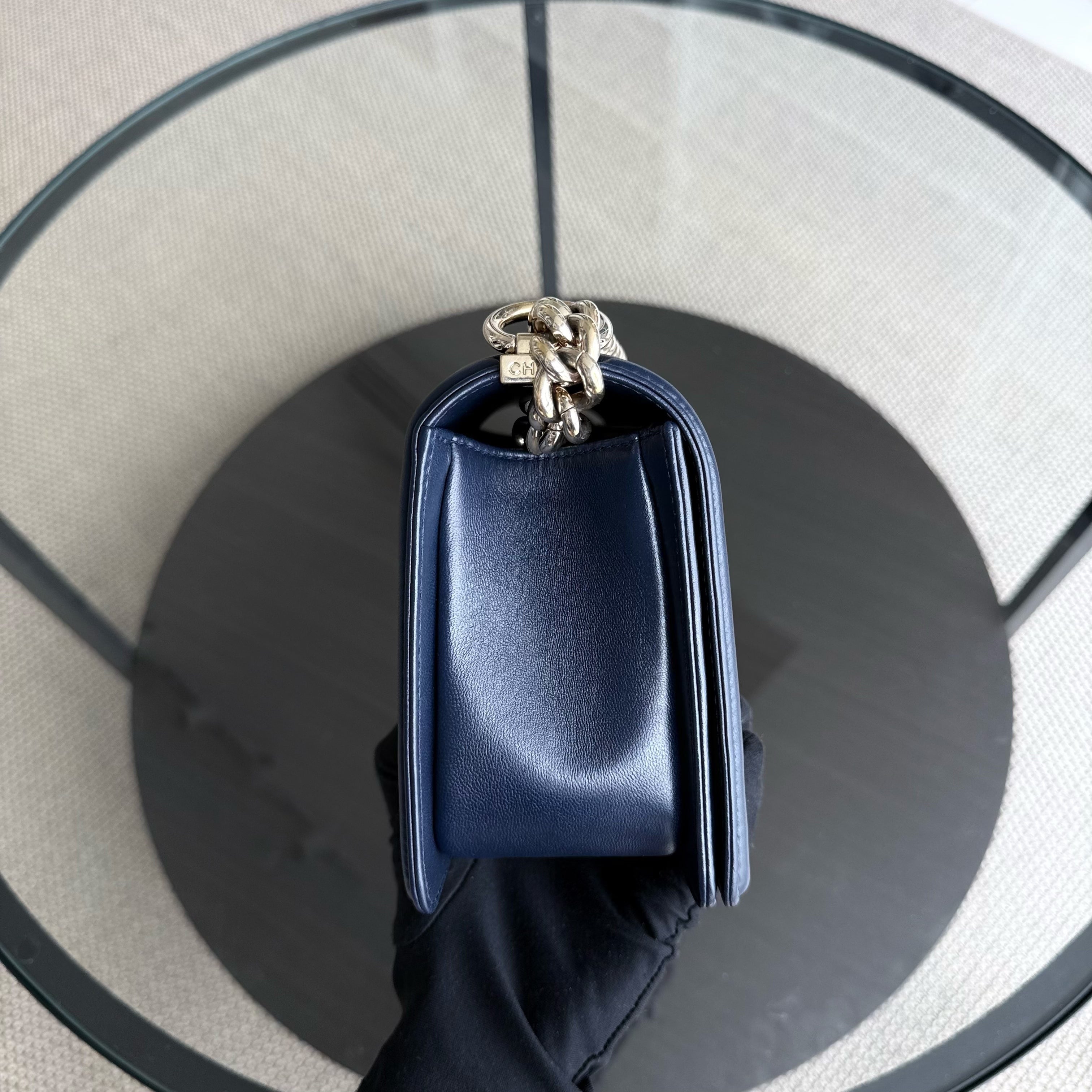 Chanel Boy Medium - 25CM Quilted Lambskin Dark Navy Blue Gold Hardware Series 22