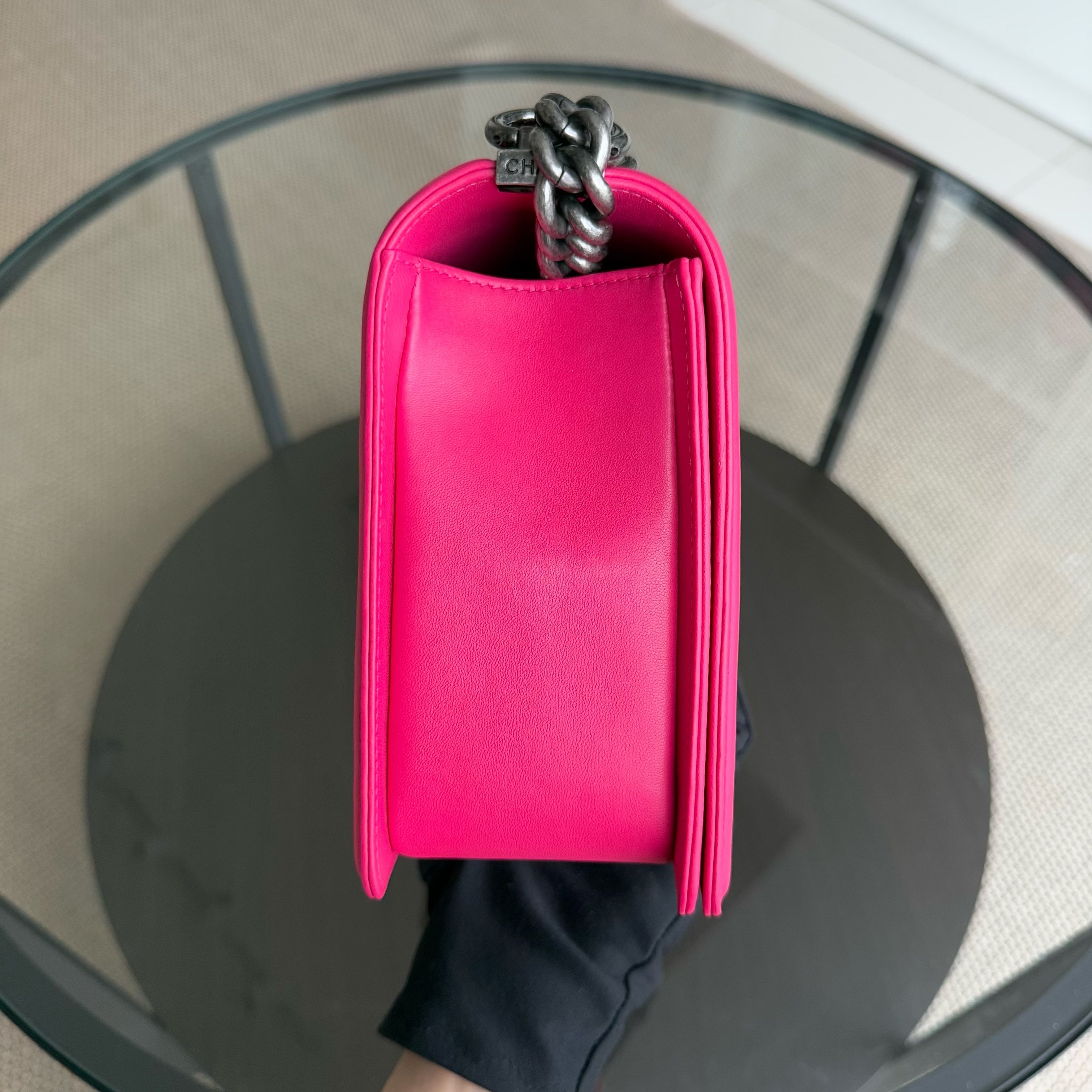 Chanel Boy Medium - 28CM Quilted Lambskin Hot Pink Ruthenium Silver Hardware Series 19