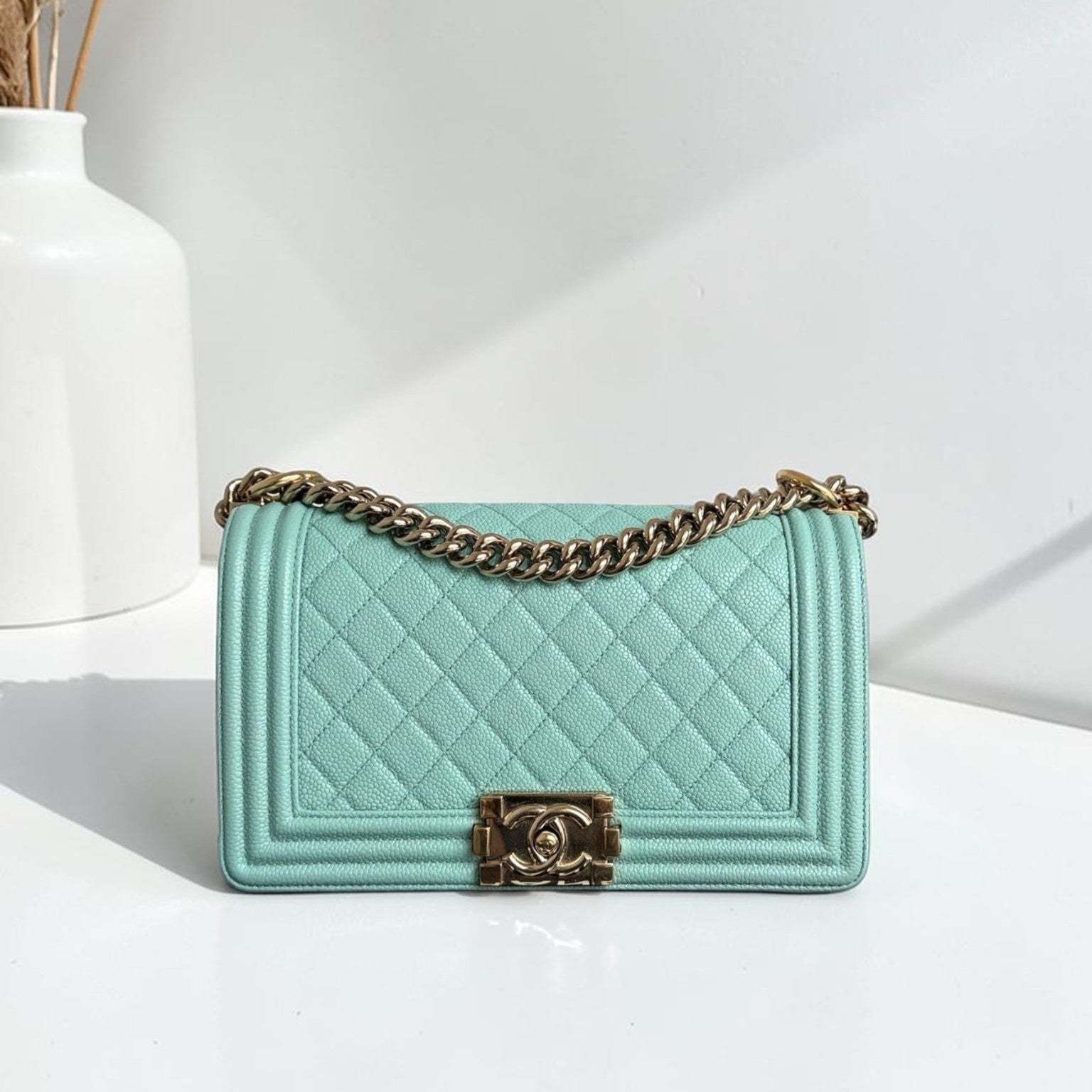 Chanel Boy Medium - 25CM Quilted Tiffany Blue Gold Hardware Series 29