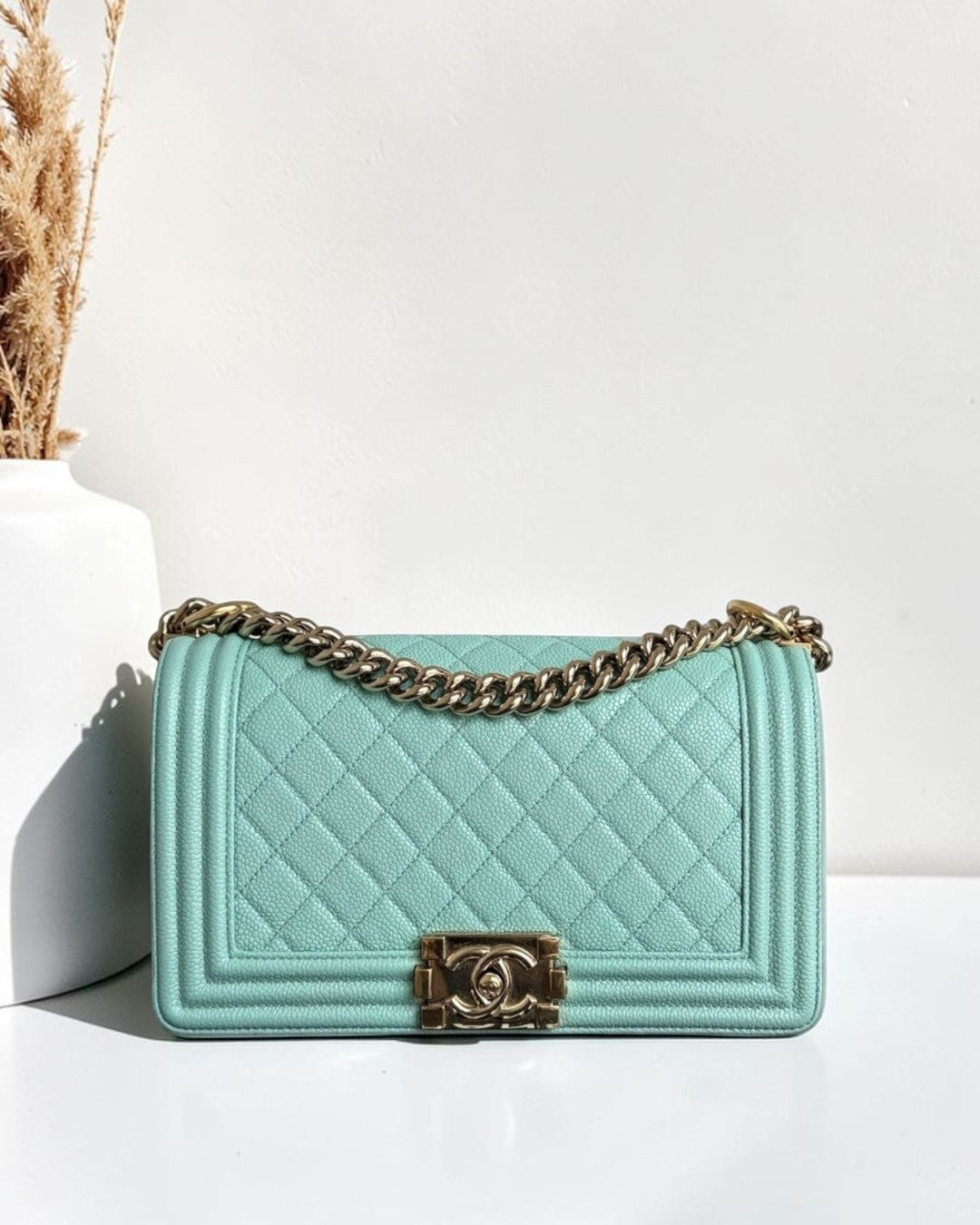 Chanel Boy Medium - 25CM Quilted Tiffany Blue Gold Hardware Series 29
