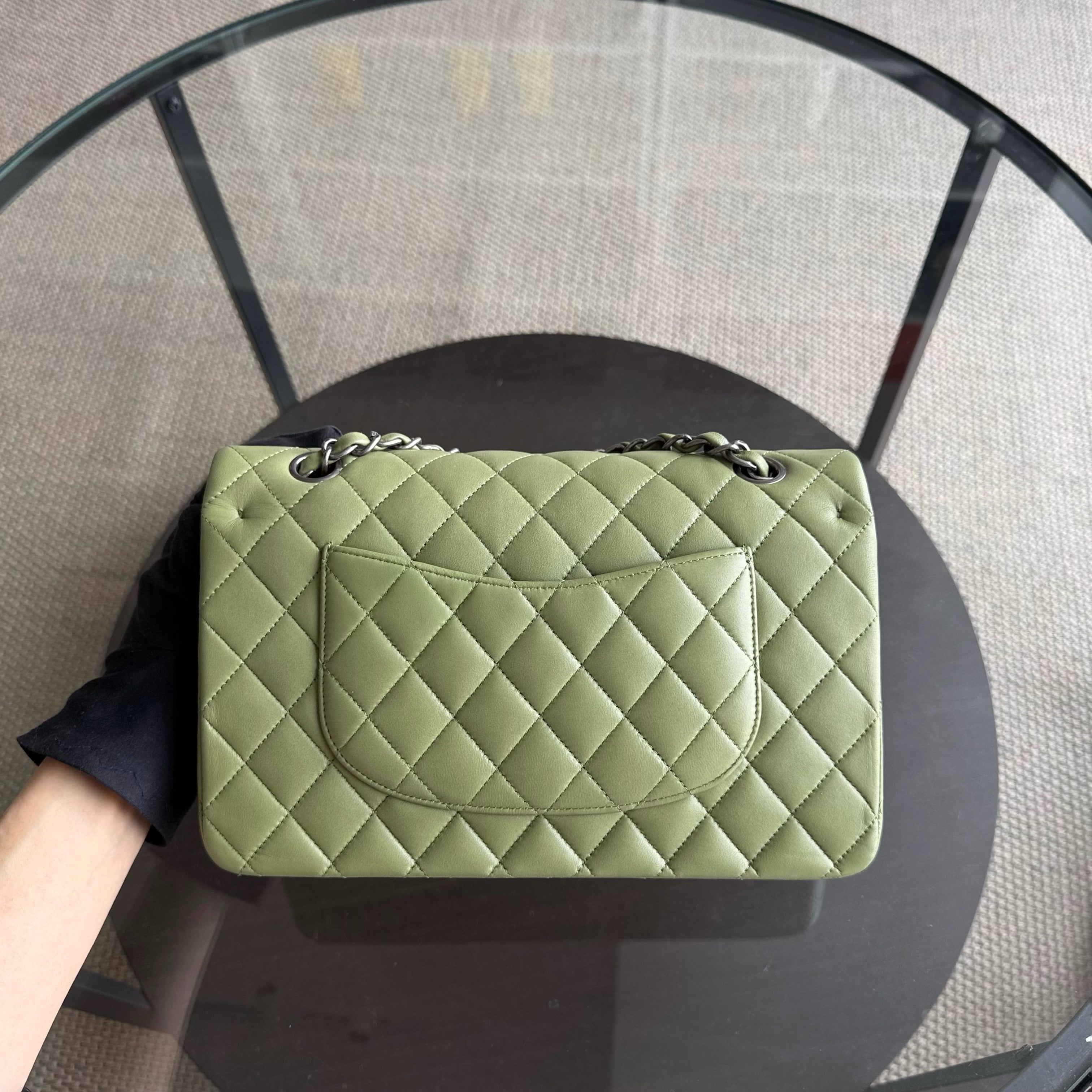 Chanel Classic Flap Medium - 25CM Quilted Lambskin Olive Green Silver Hardware Series 19