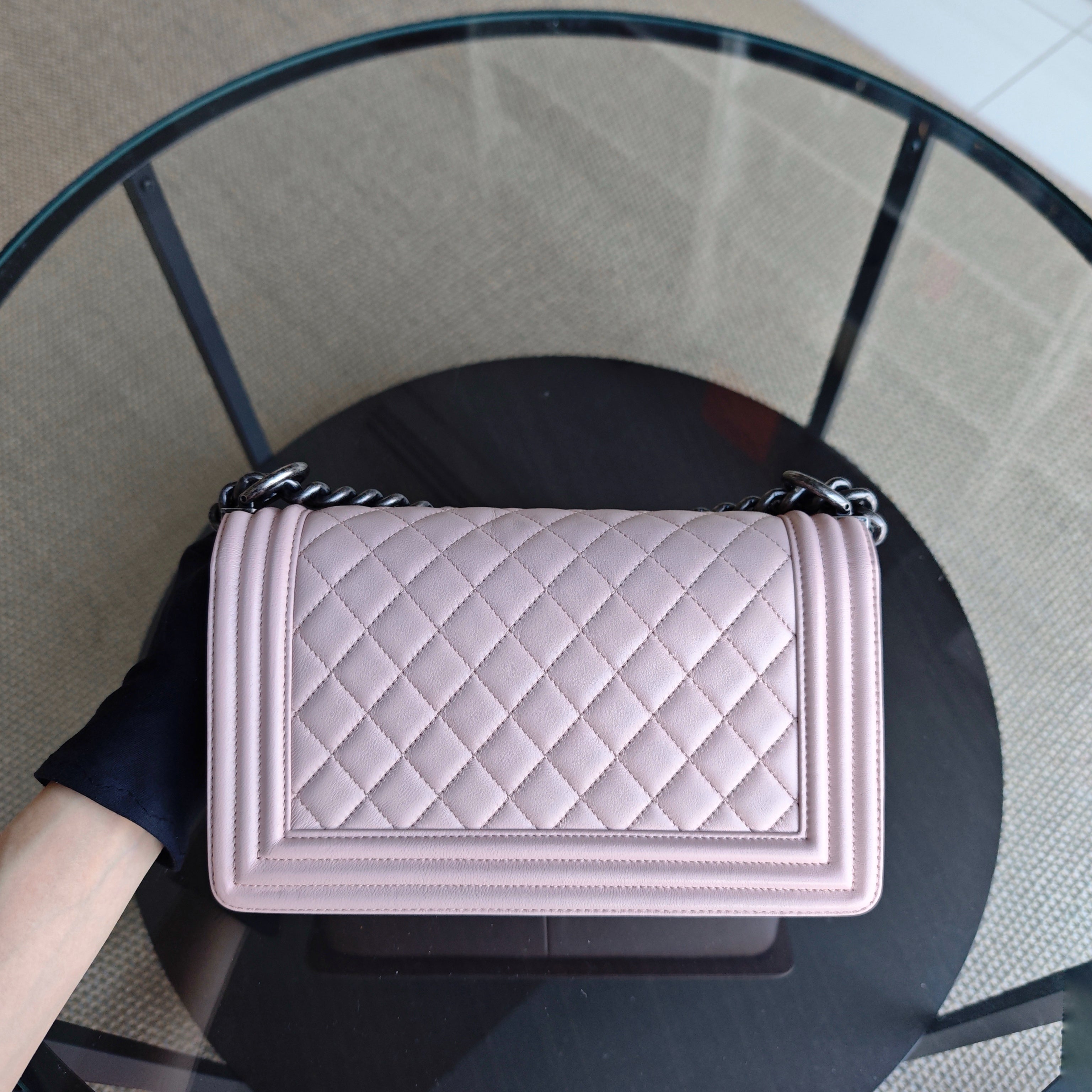 Chanel Boy Medium - Quilted Lambskin Light Sakura Pink Ruthenium Silver Hardware Series 23