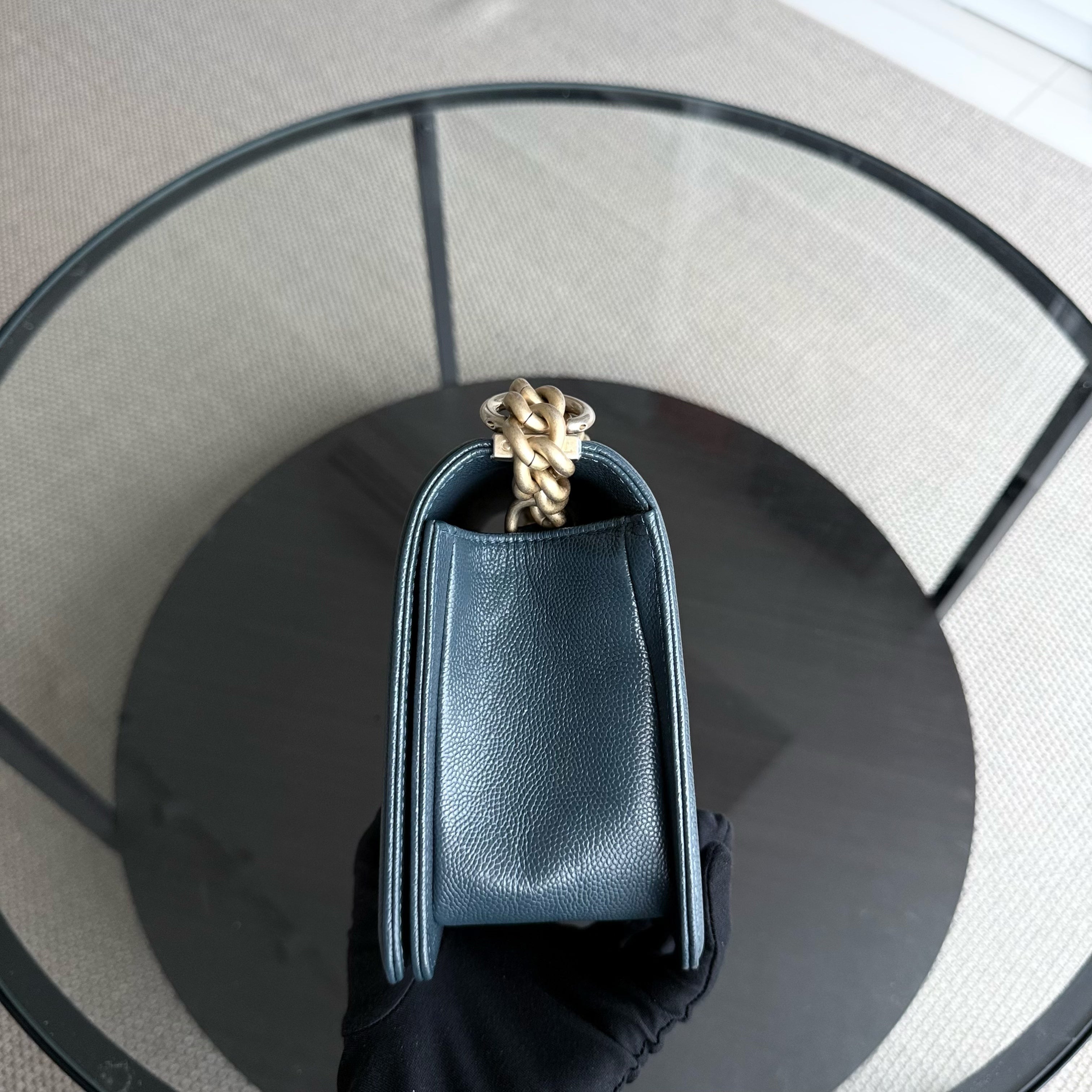 Chanel Boy Medium - Caviar 25CM Chevron Grained Calfskin Blue Gold Hardware Series 25