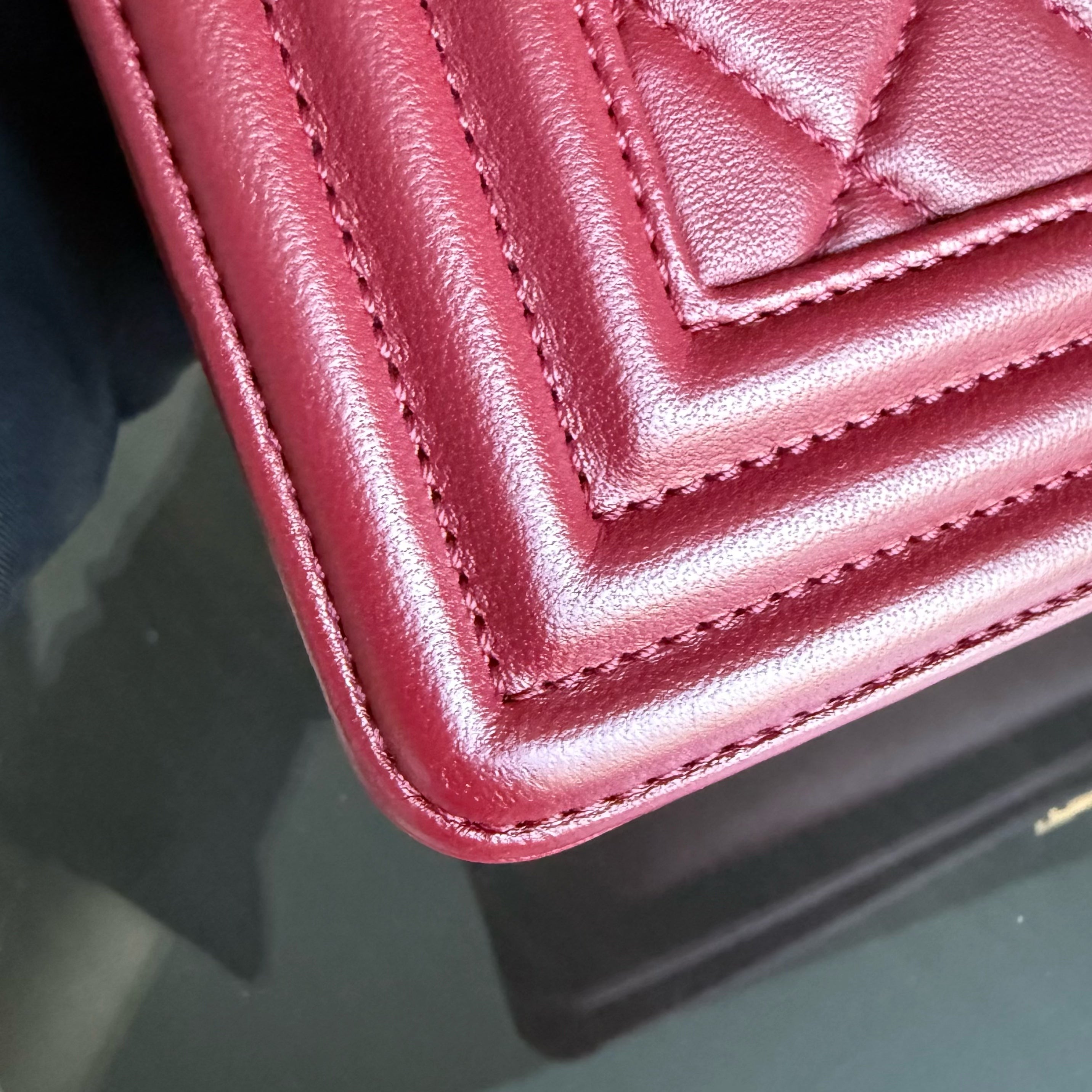 Chanel Boy Medium - 25CM Quilted Lambskin Dark Red Gold Hardware Series 19