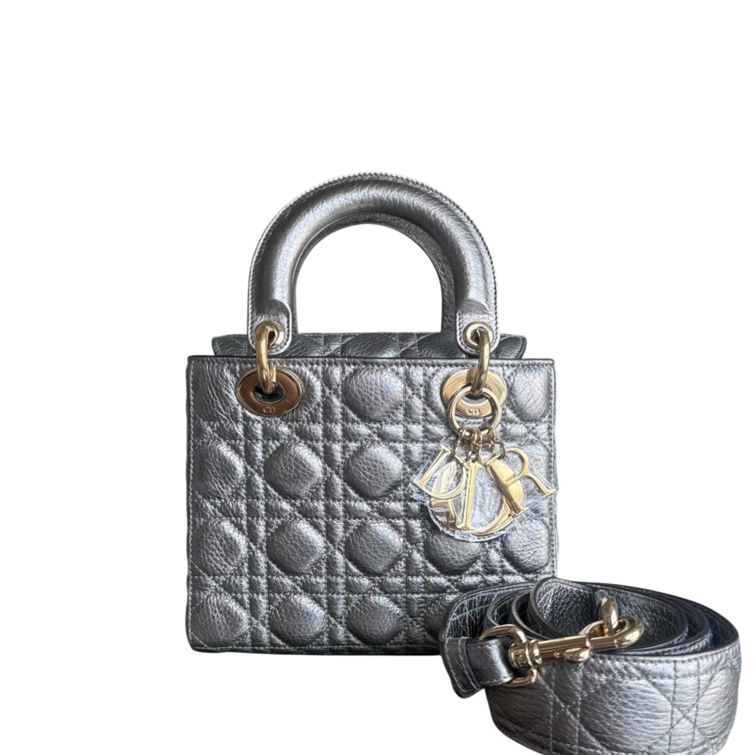 Dior Lady Small - Cannage Gray Calfskin Gold Hardware