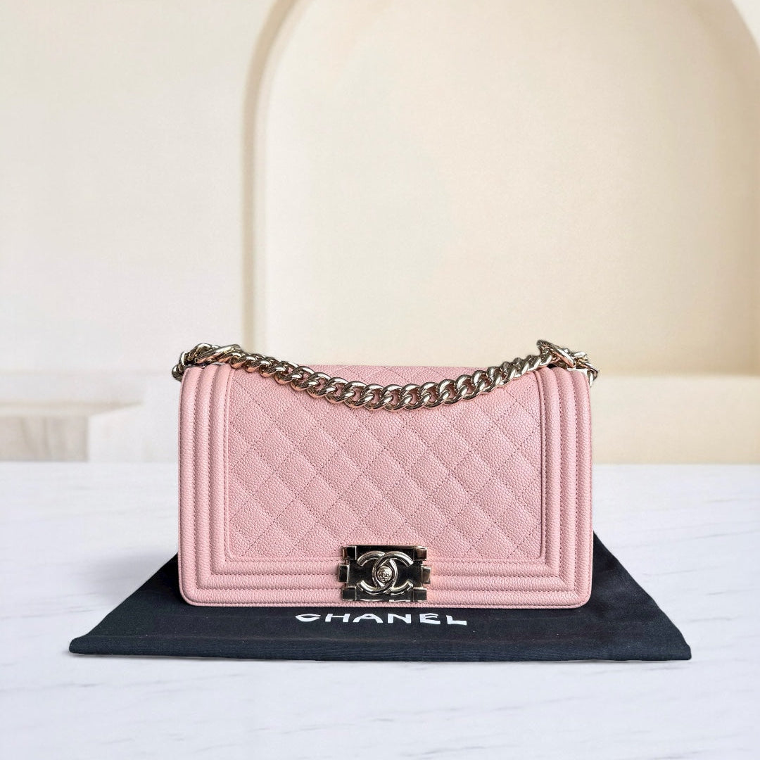 Chanel Boy Medium - Caviar 25CM Quilted Light Pink Gold Hardware Series 29