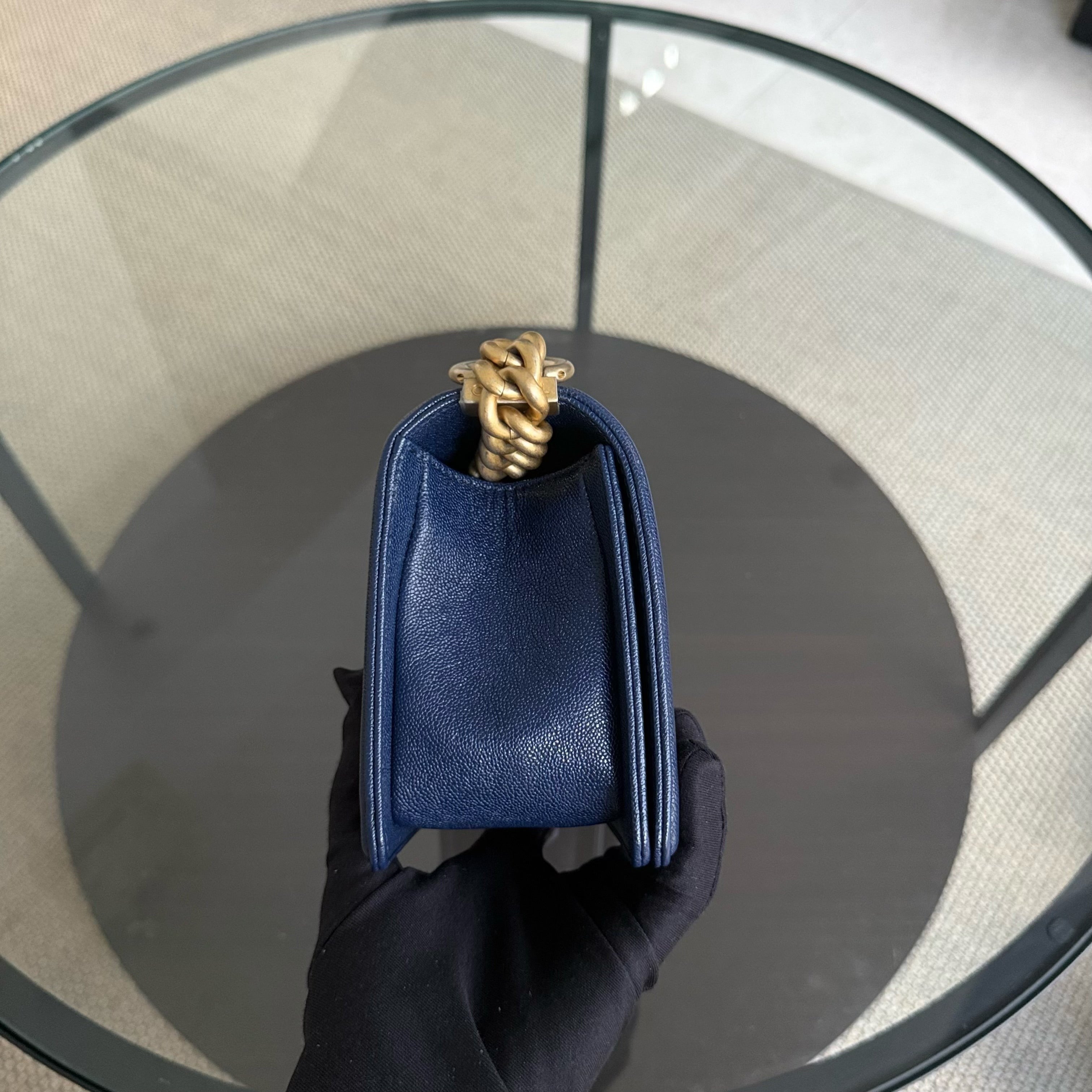 Chanel Boy Small - Caviar 20CM Quilted Dark Blue Gold Hardware Series 26