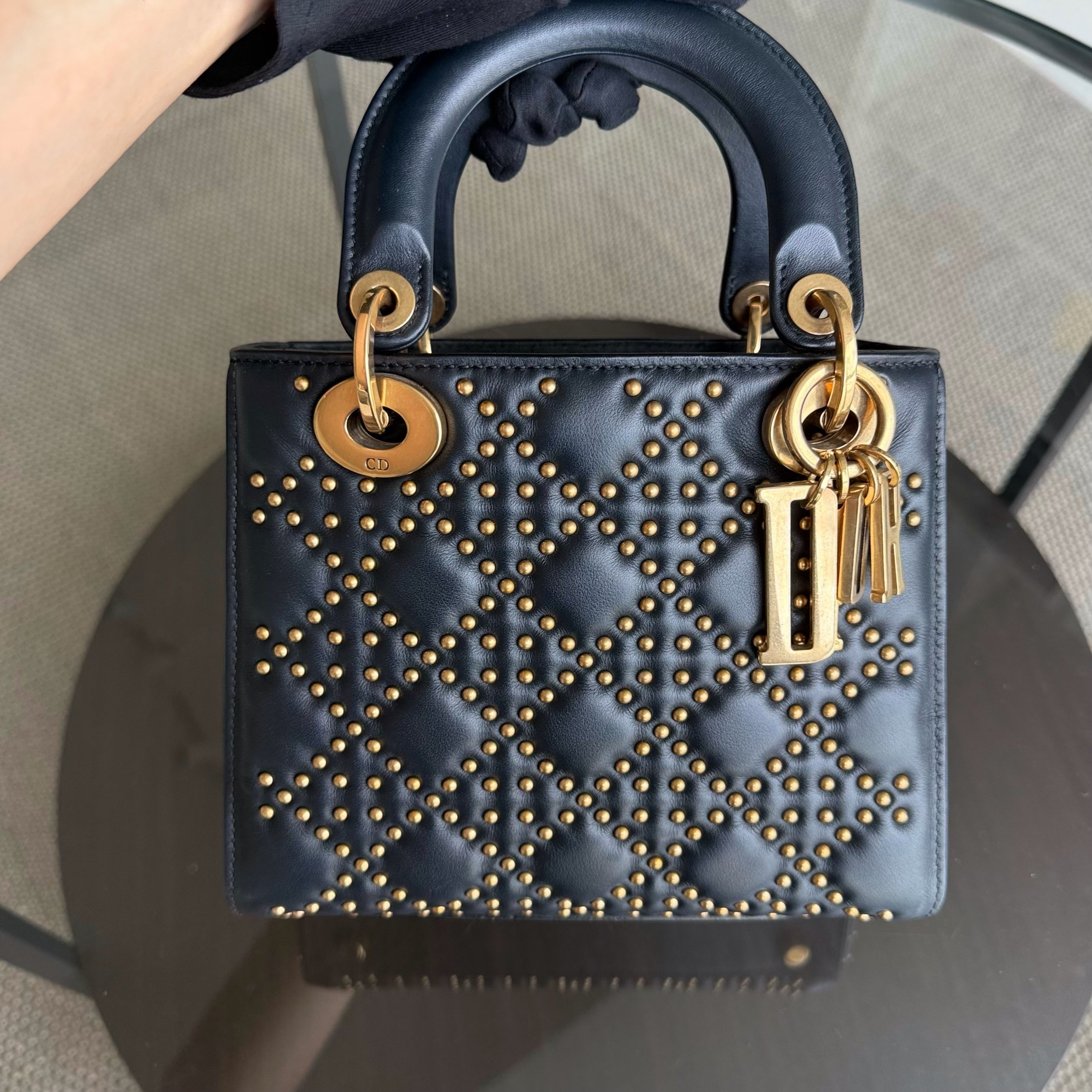 Dior Lady Small Flap - Cannage Calfskin Studded Black Gold Hardware