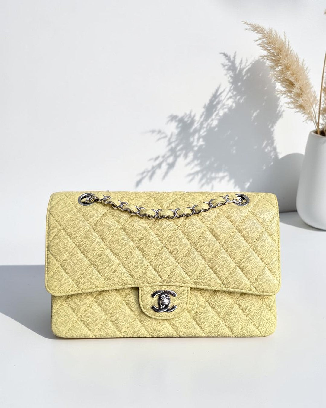 Chanel Classic Flap Medium - Caviar Quilted Light Yellow Silver Hardware Series 25