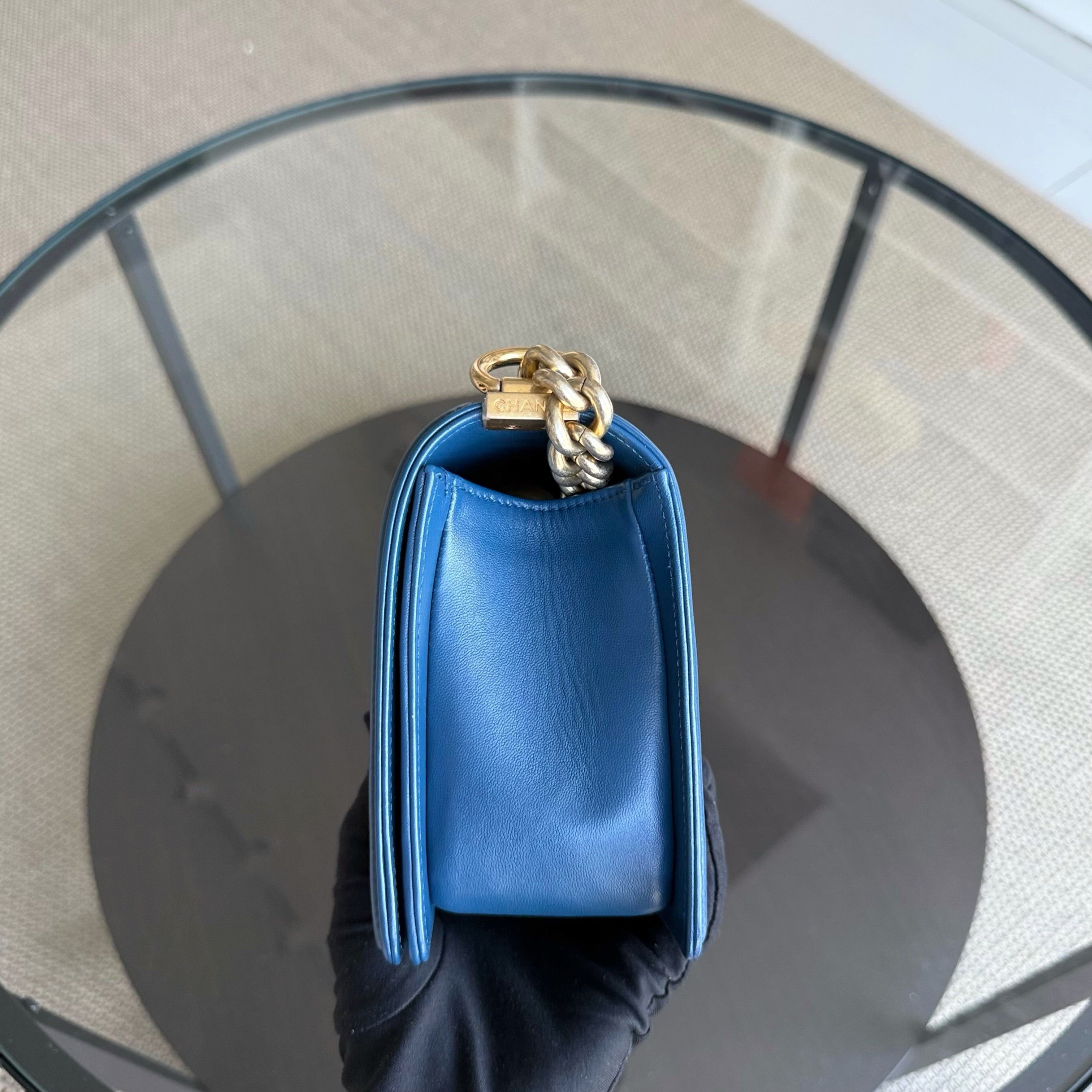 Chanel Boy Old Medium - Quilted Lambskin Blue Gold Hardware Series 23