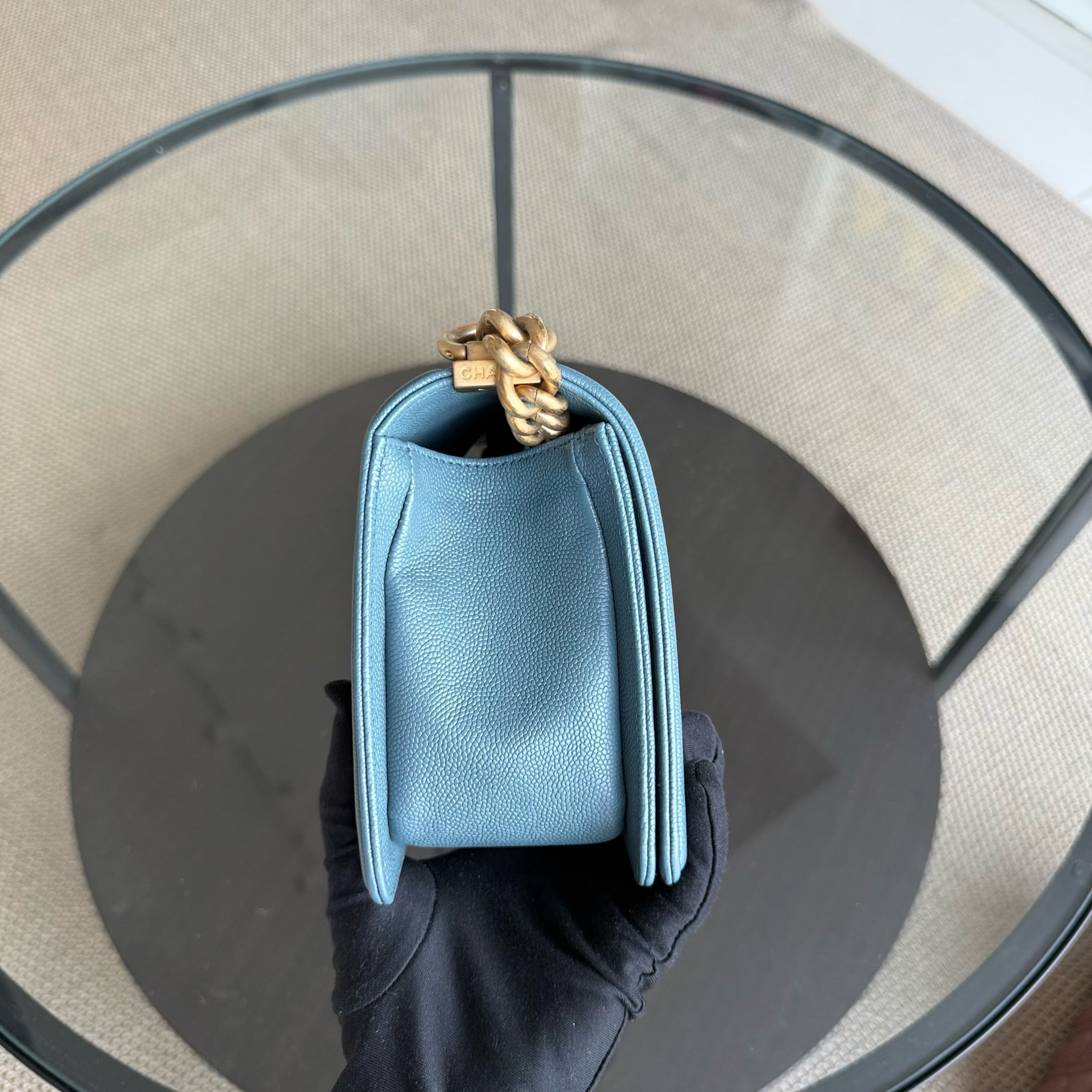 Chanel Boy Medium - Caviar 25CM Quilted Blue Gold Hardware 25