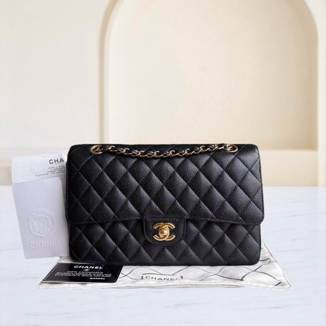 Chanel Classic Flap Medium - Caviar 25CM Quilted Grained Calfskin Black Gold Hardware Series 26