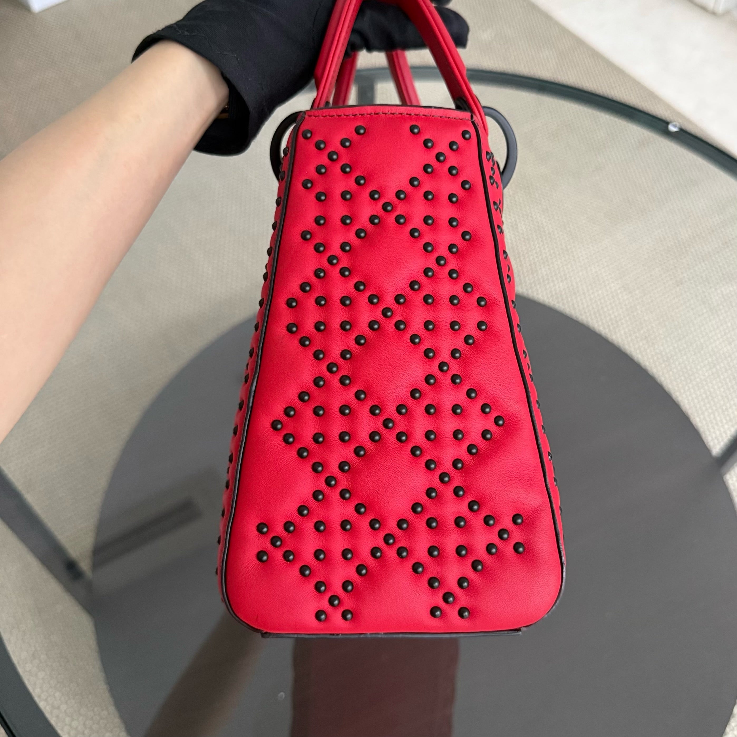 Dior Lady Medium Flap - Studded Cannage Calfskin Red Black Hardware