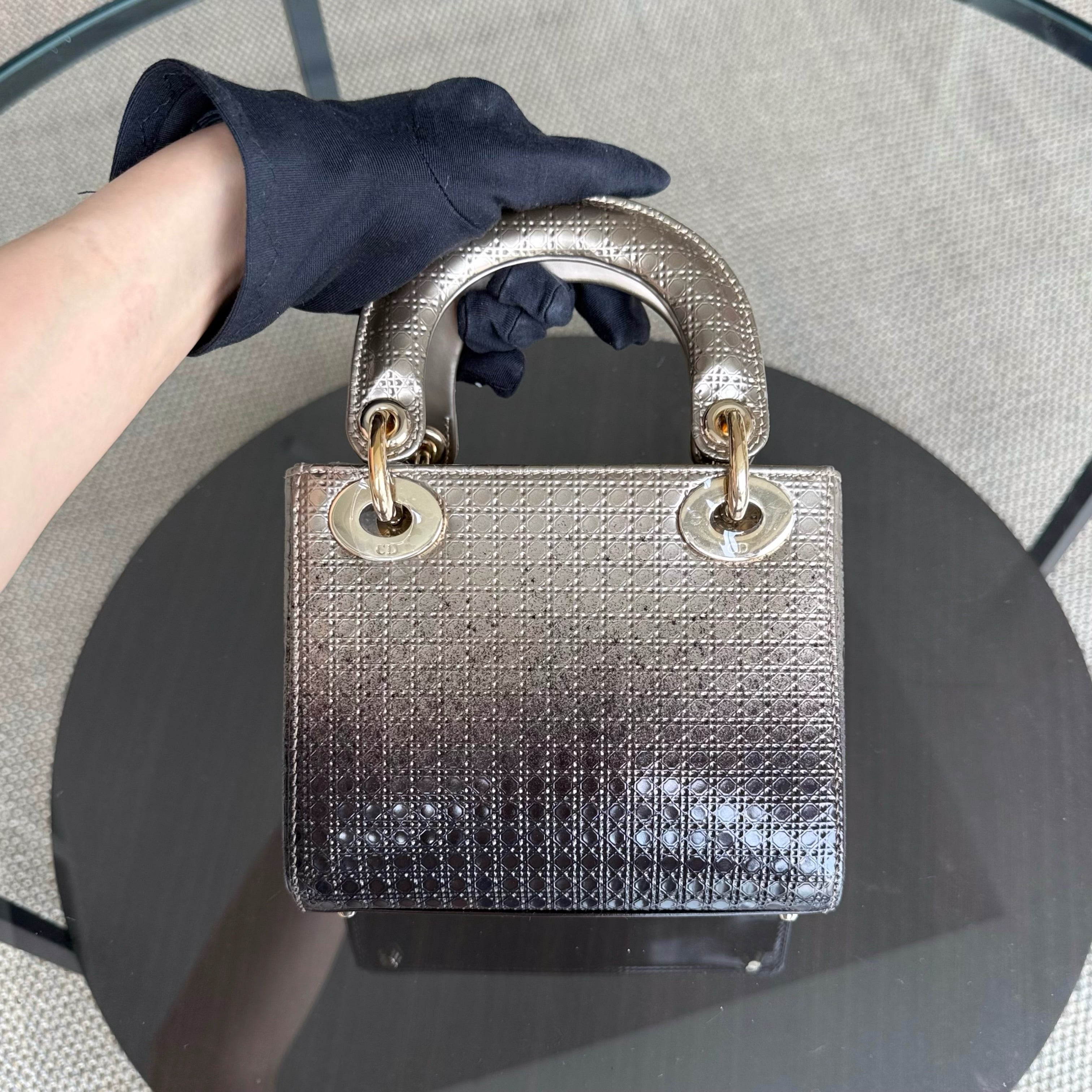 Dior Lady Mini - Calfskin Micro-Cannage Metallic Gold Gold Hardware Adjustable Strap