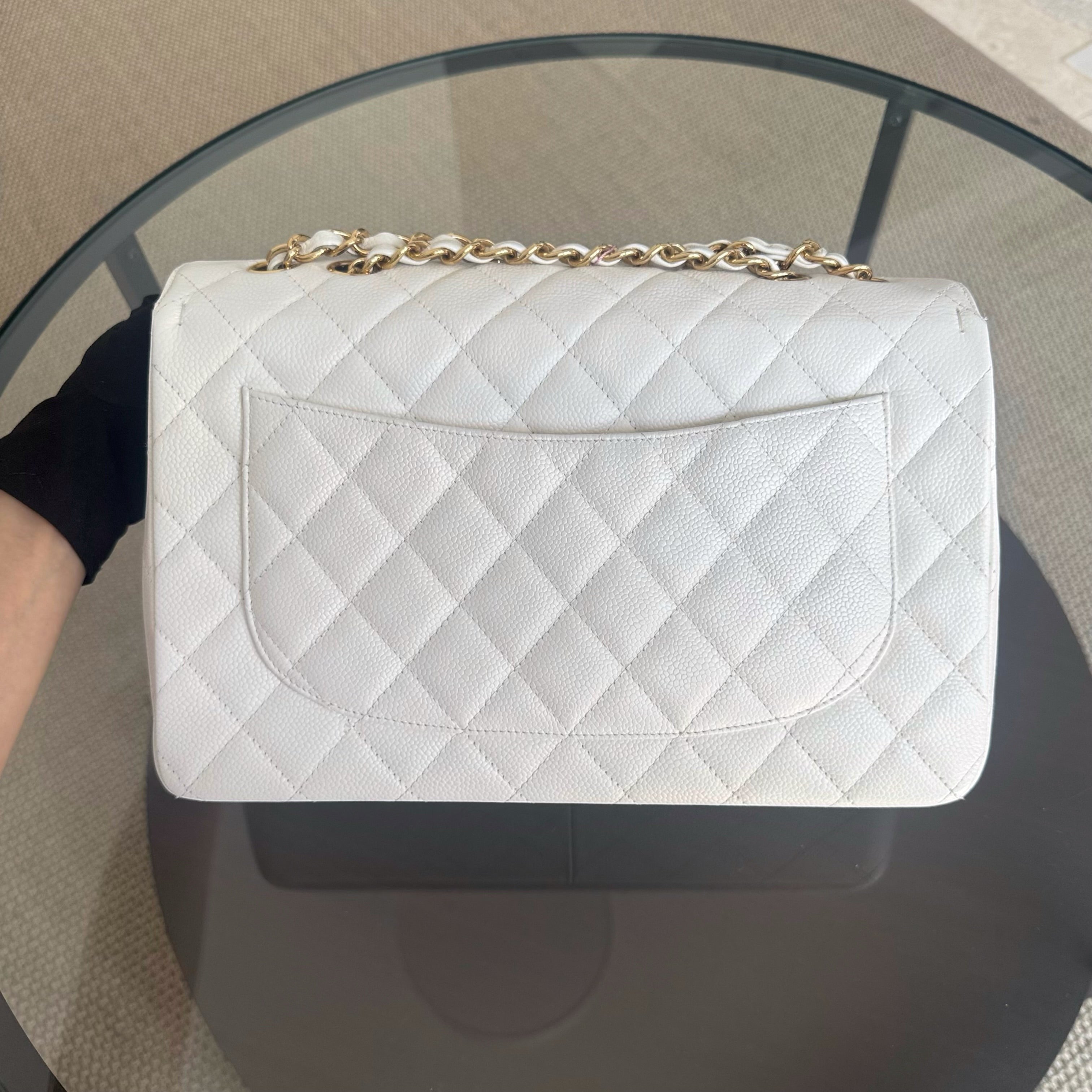 Chanel Classic Flap Jumbo - Caviar 30CM Single Flap Quilted White 24K Gold Hardware Series 11