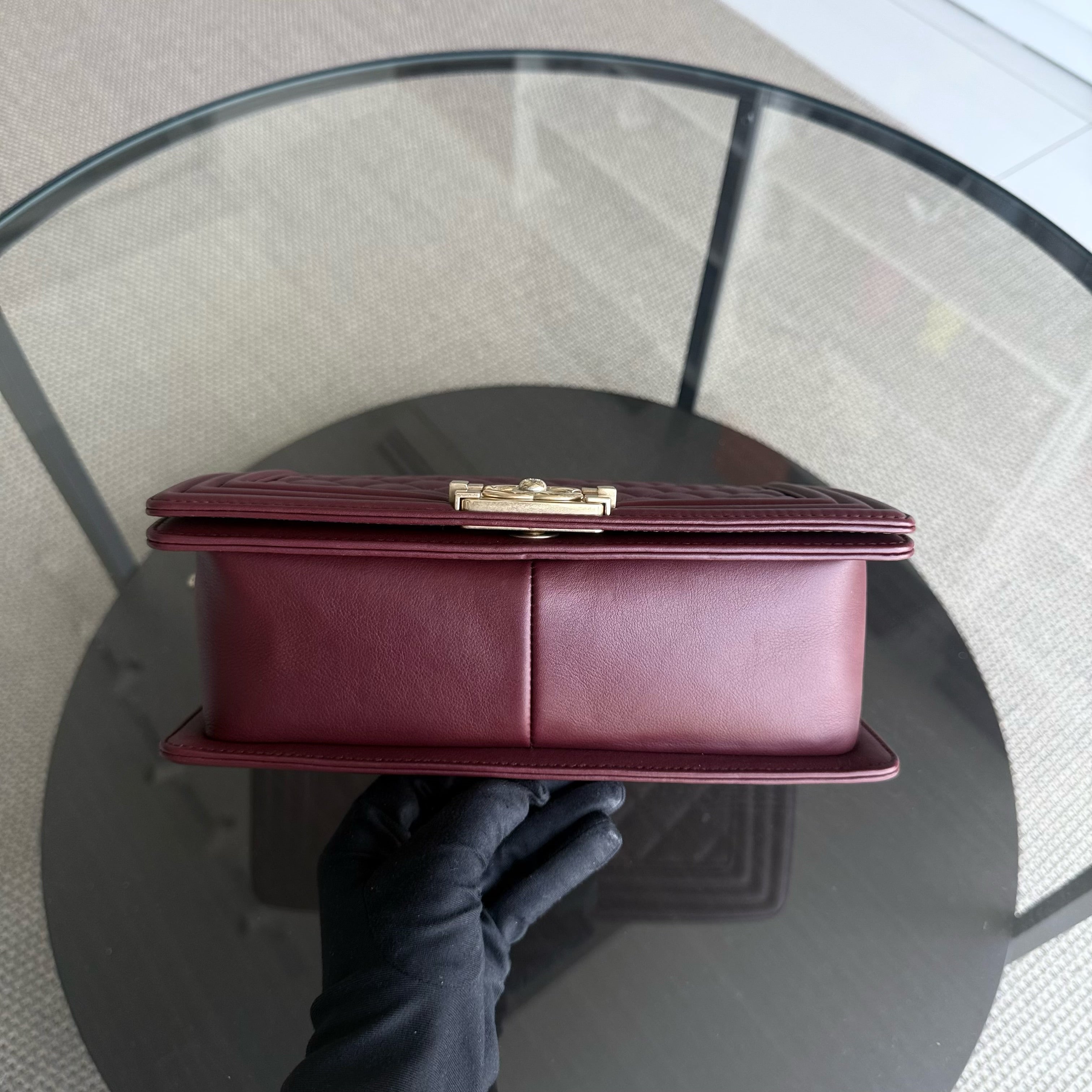 Chanel Boy Medium - 25CM Quilted Calfskin Burgundy Red Gold Hardware Series 23