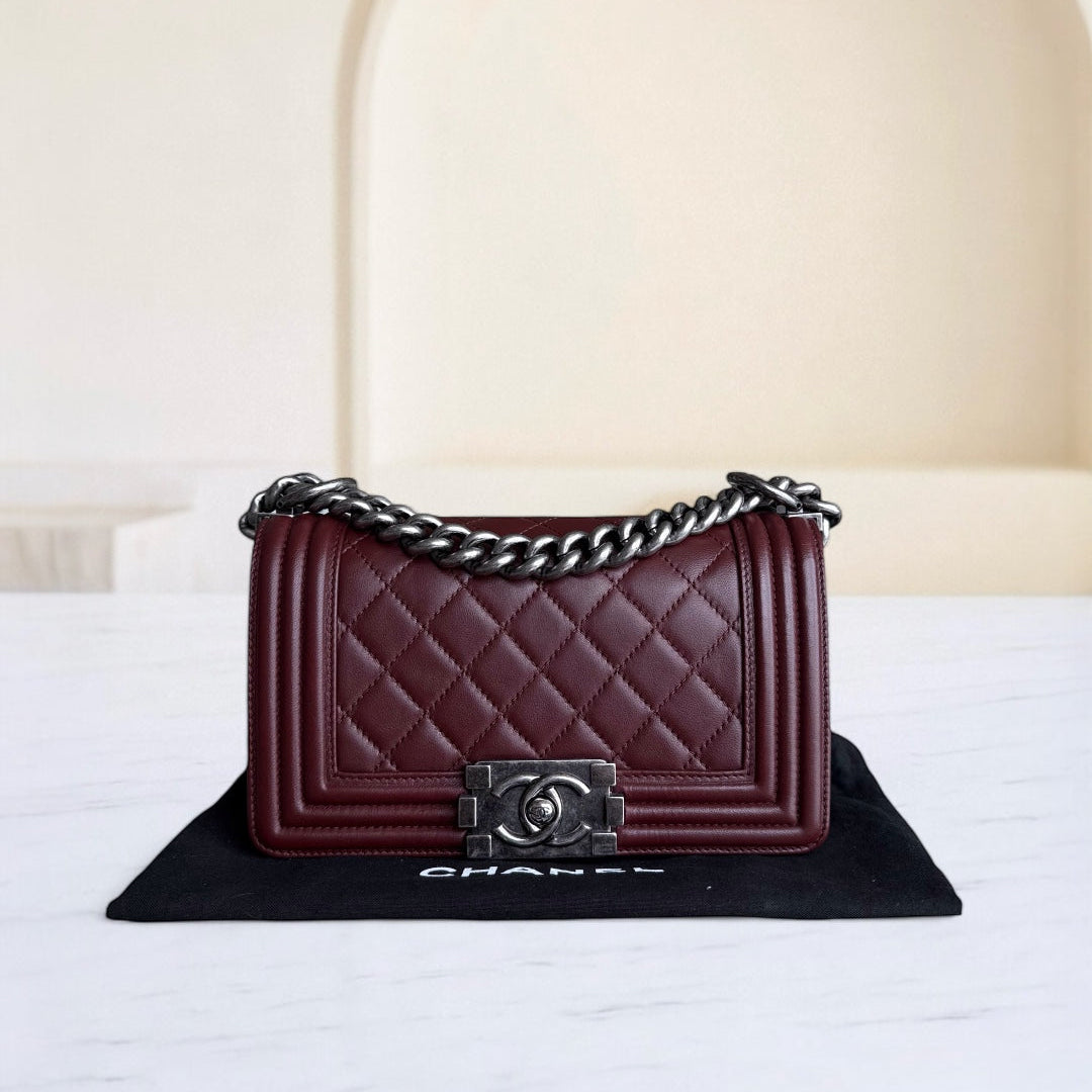 Chanel Boy Small - Quilted Lambskin Burgundy Ruthenium Silver Hardware Series 16